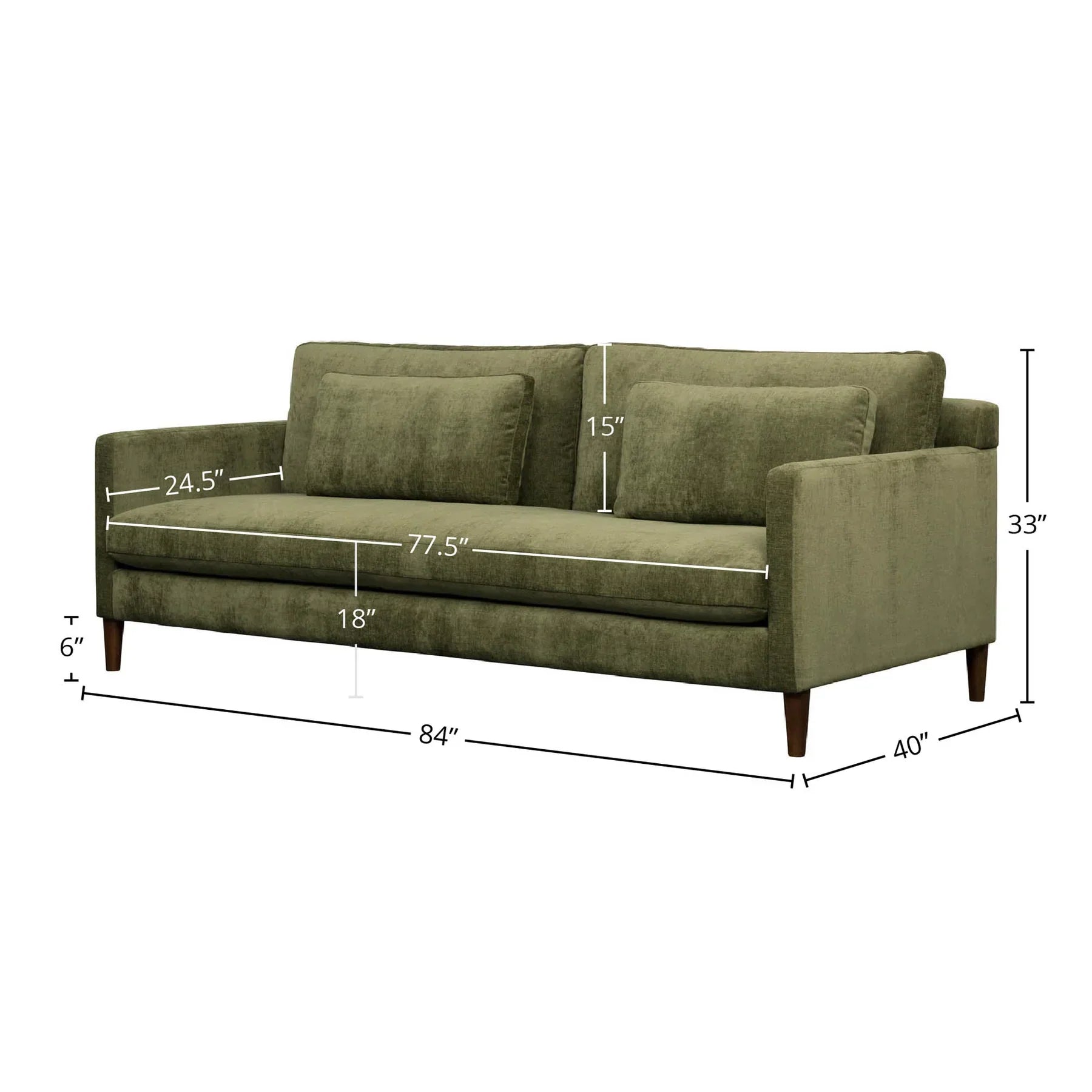 Size chart and dimensions for the Gemma olive green sofa