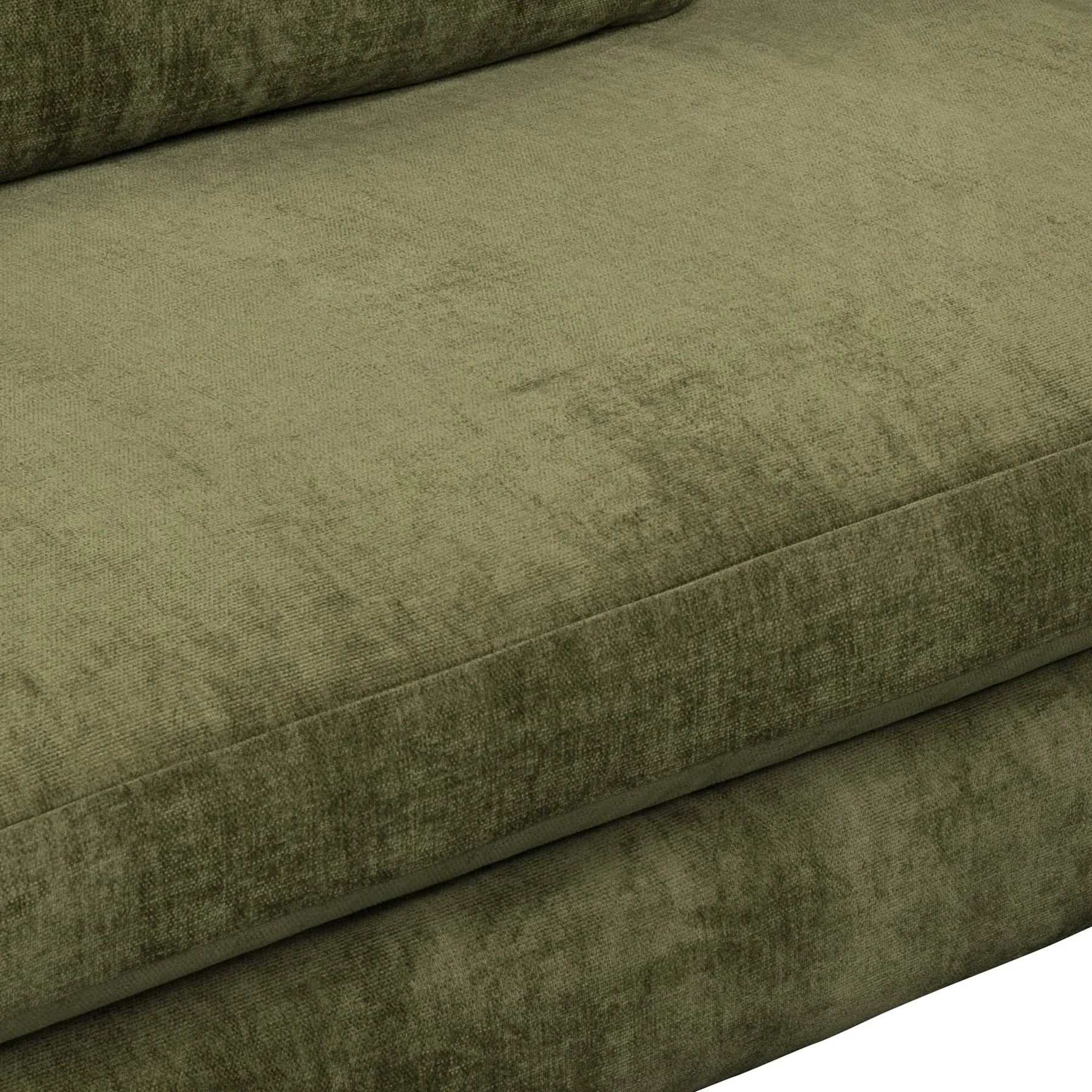 Close-up detail of olive green fabric and seat cushion seam