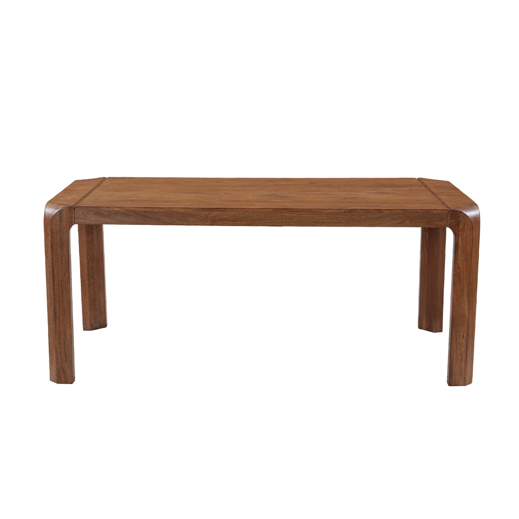 Front view of the Genesis dining table in a warm walnut finish featuring a minimalist rectangular top and tapered architectural legs