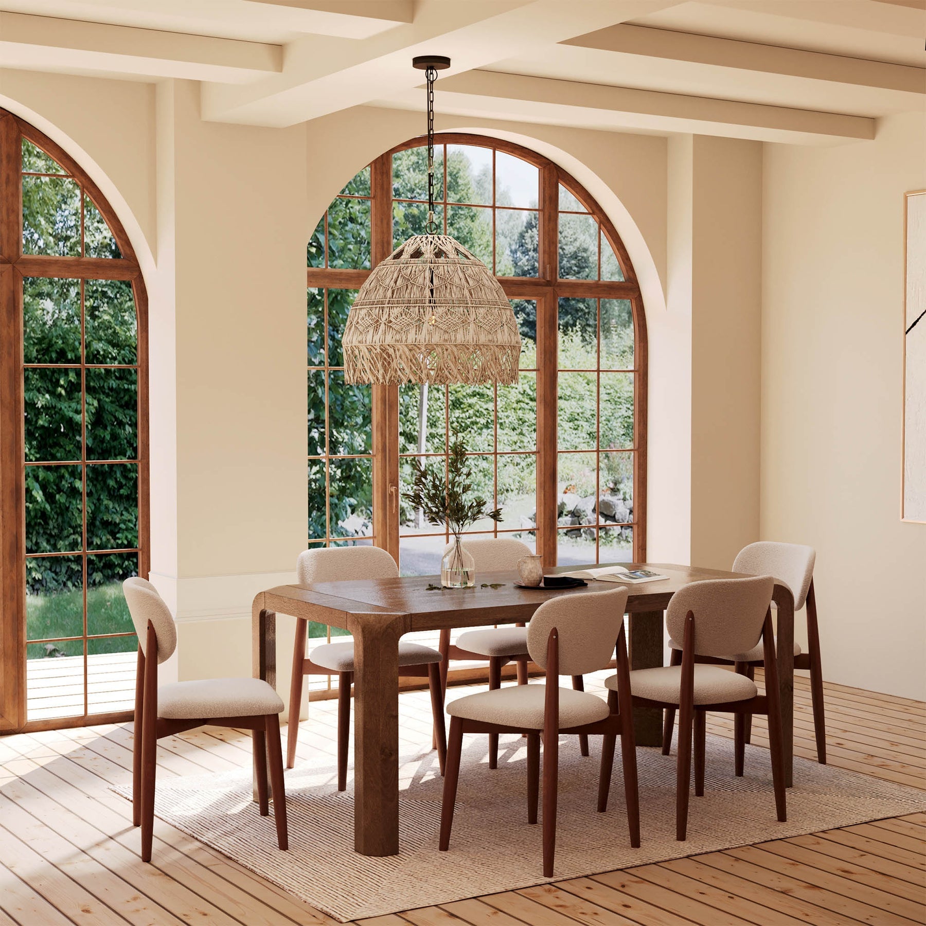 Front view of the Genesis dining table in a warm walnut finish featuring a minimalist rectangular top and tapered architectural legs