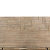 Close-up shot focusing on the intricate rectangular wood inlay pattern and natural driftwood grain variations
