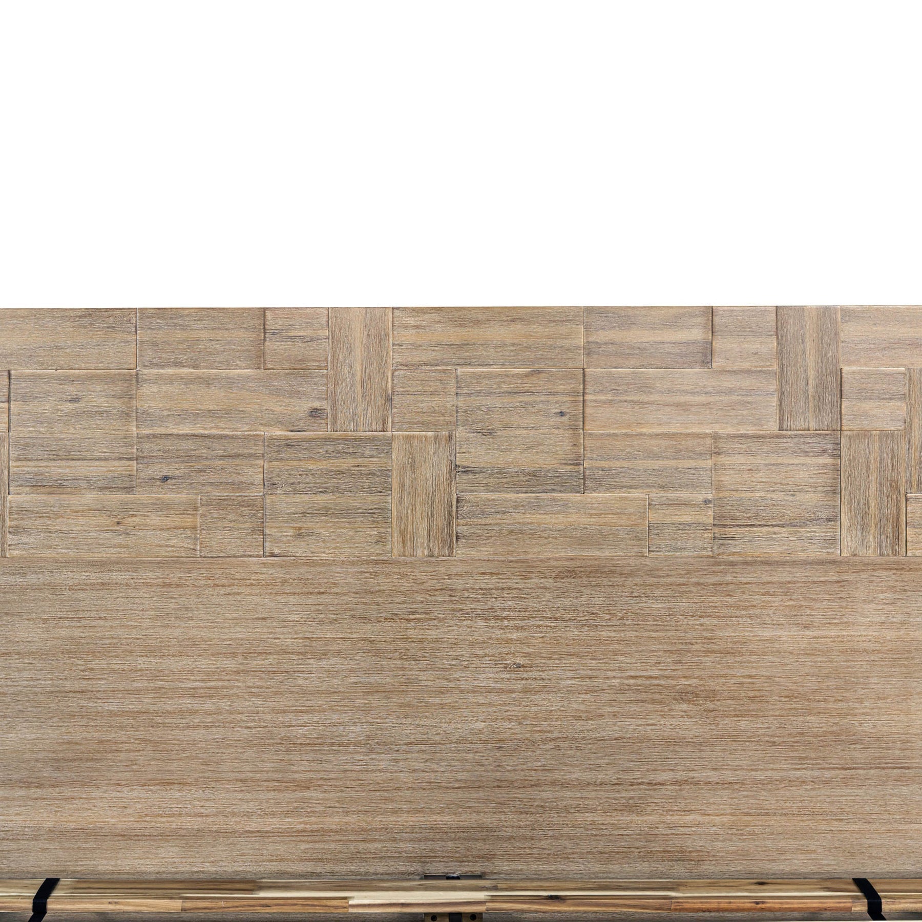 Front view of the Atlantis platform bed featuring a tall headboard with a unique patchwork wood inlay and light driftwood finish