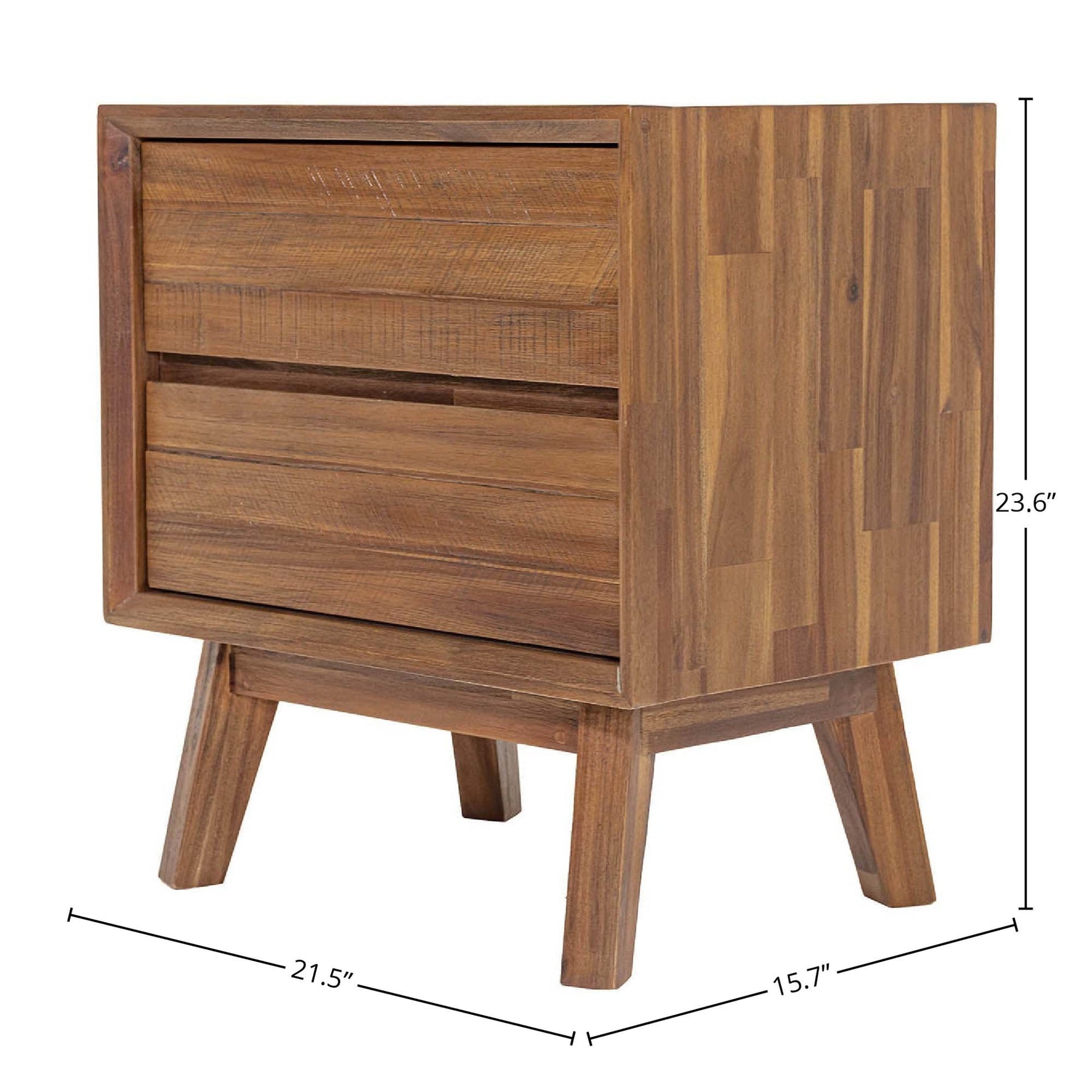 Front view of the Gia 2-drawer nightstand featuring a weathered light oak finish and architectural tapered solid wood legs