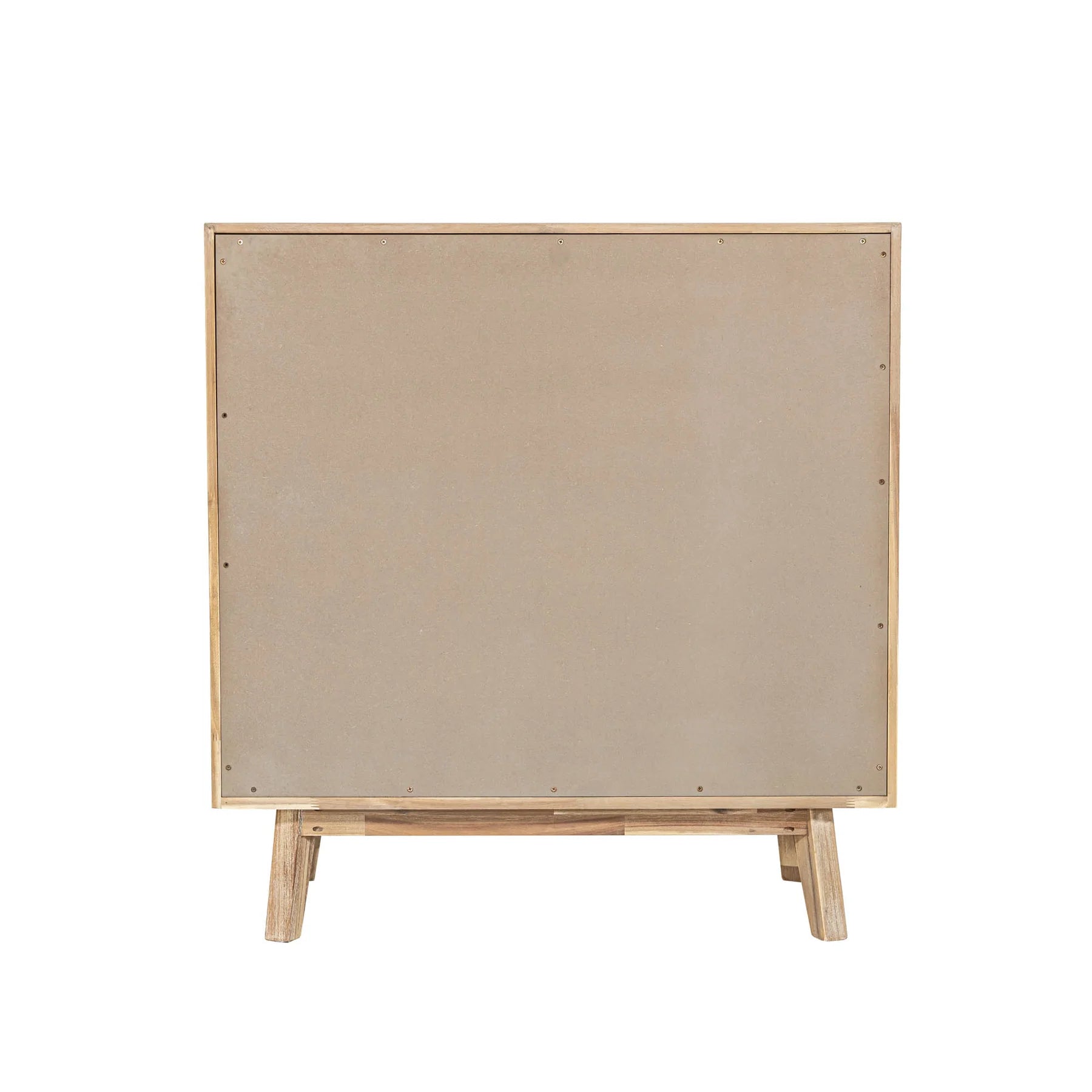 Front view of the Gia 5-drawer vertical chest featuring a light natural wood finish with horizontal planked detailing and handle-free drawers