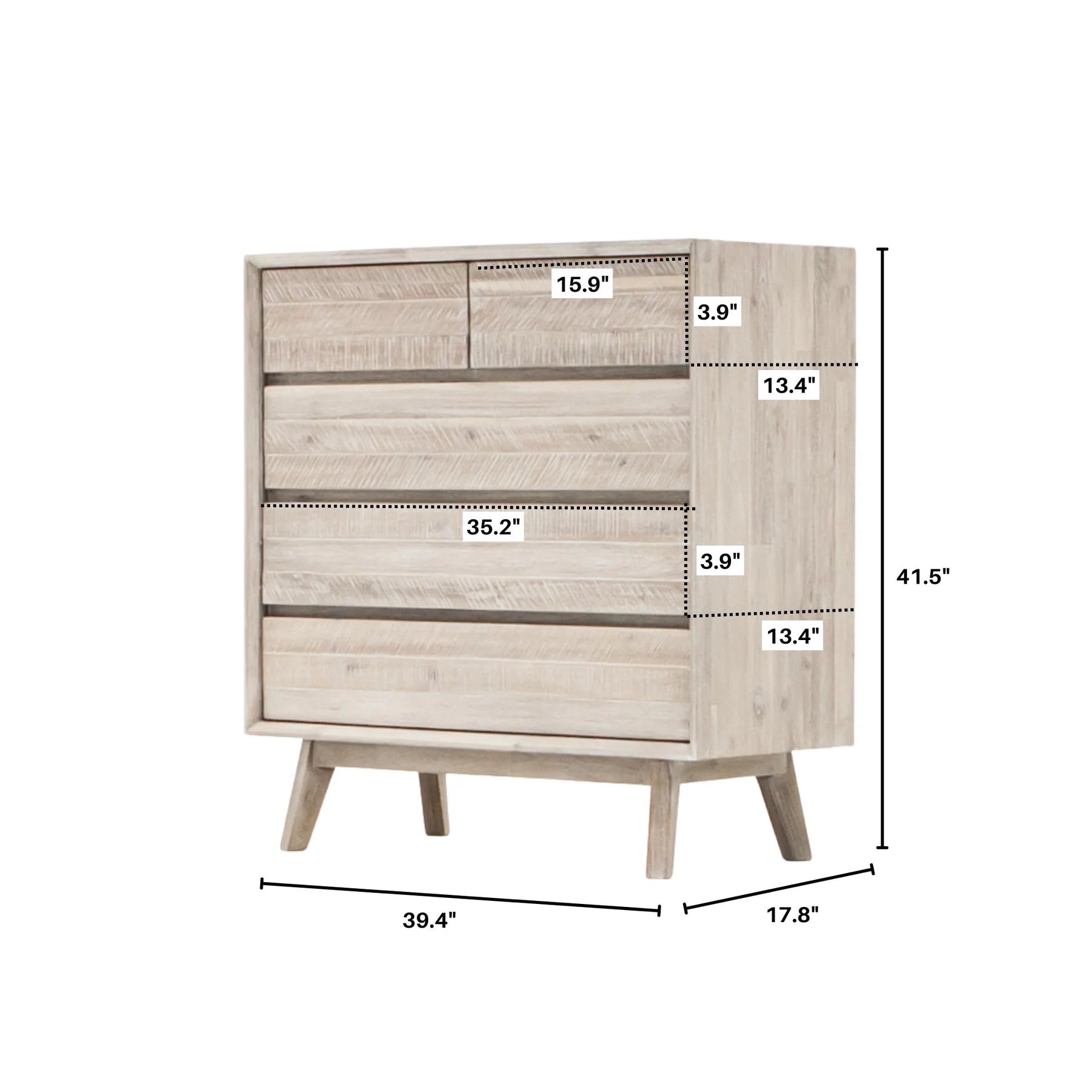 Front view of the Gia 5-drawer vertical chest featuring a light natural wood finish with horizontal planked detailing and handle-free drawers
