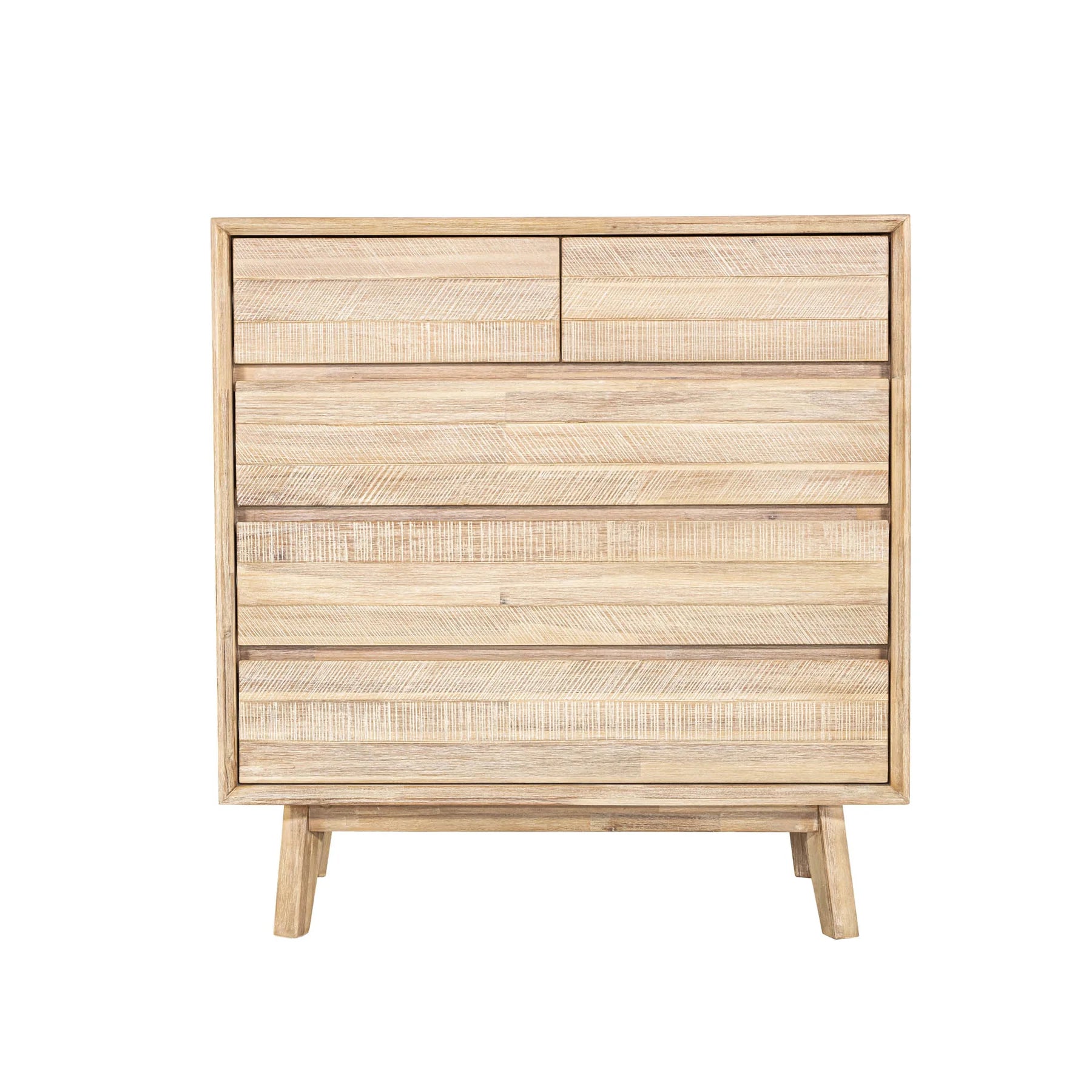 Front view of the Gia 5-drawer vertical chest featuring a light natural wood finish with horizontal planked detailing and handle-free drawers