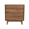 Front view of the Gia 5-drawer chest in a rich warm pecan finish featuring horizontal wood planking and minimalist handle-free drawers