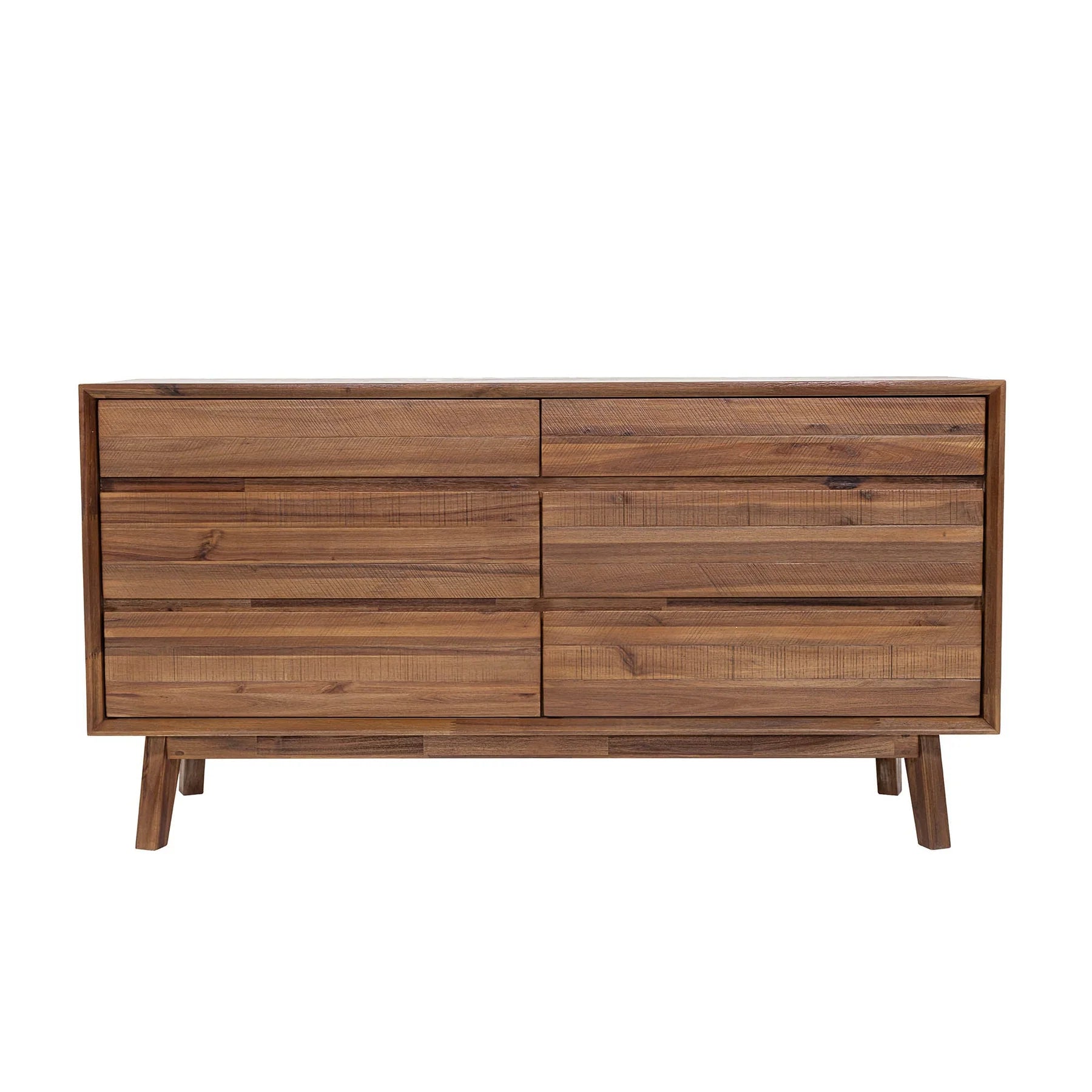 Front view of the Gia 6-drawer double dresser featuring a rich warm pecan wood finish with horizontal planked detailing and a handle-free minimalist design