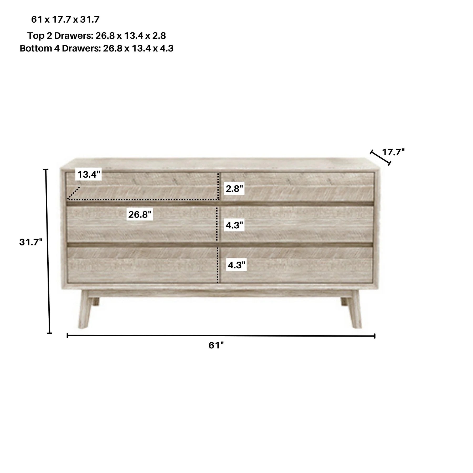 Front view of the Gia 6-drawer dresser featuring a light natural wood finish with a horizontal planked design and minimalist handle-free drawers