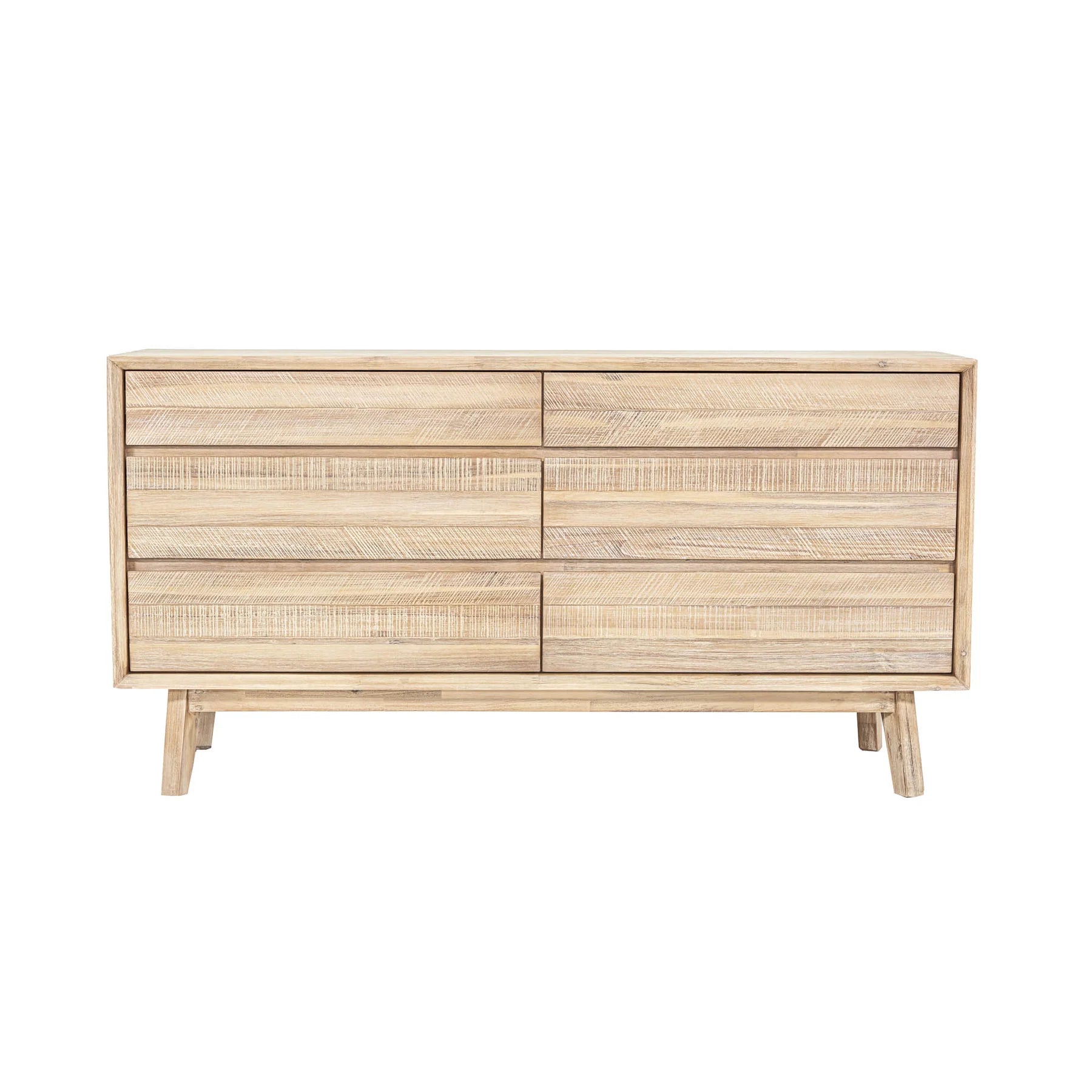Front view of the Gia 6-drawer dresser featuring a light natural wood finish with a horizontal planked design and minimalist handle-free drawers