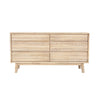 Front view of the Gia 6-drawer dresser featuring a light natural wood finish with a horizontal planked design and minimalist handle-free drawers