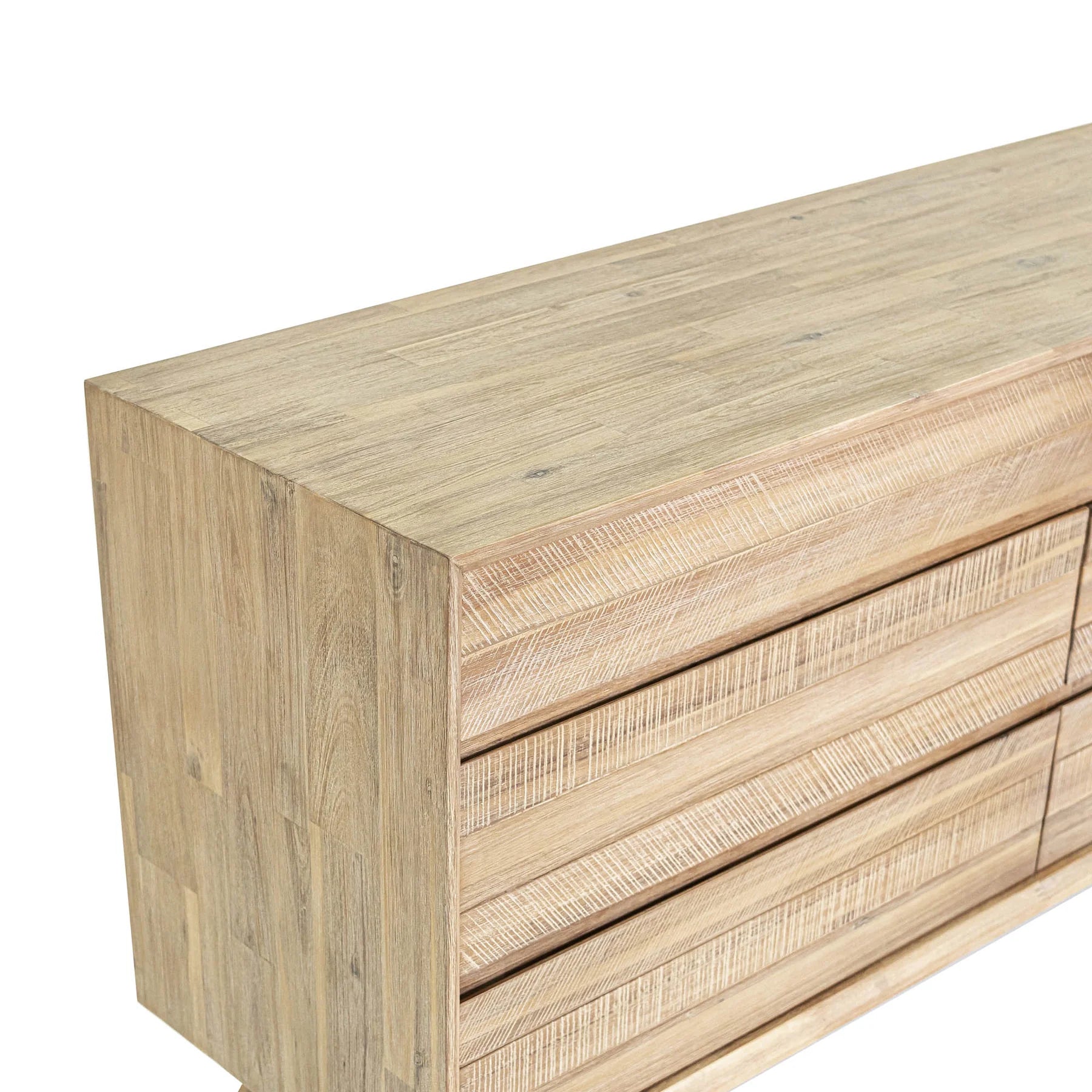 Front view of the Gia 6-drawer dresser featuring a light natural wood finish with a horizontal planked design and minimalist handle-free drawers