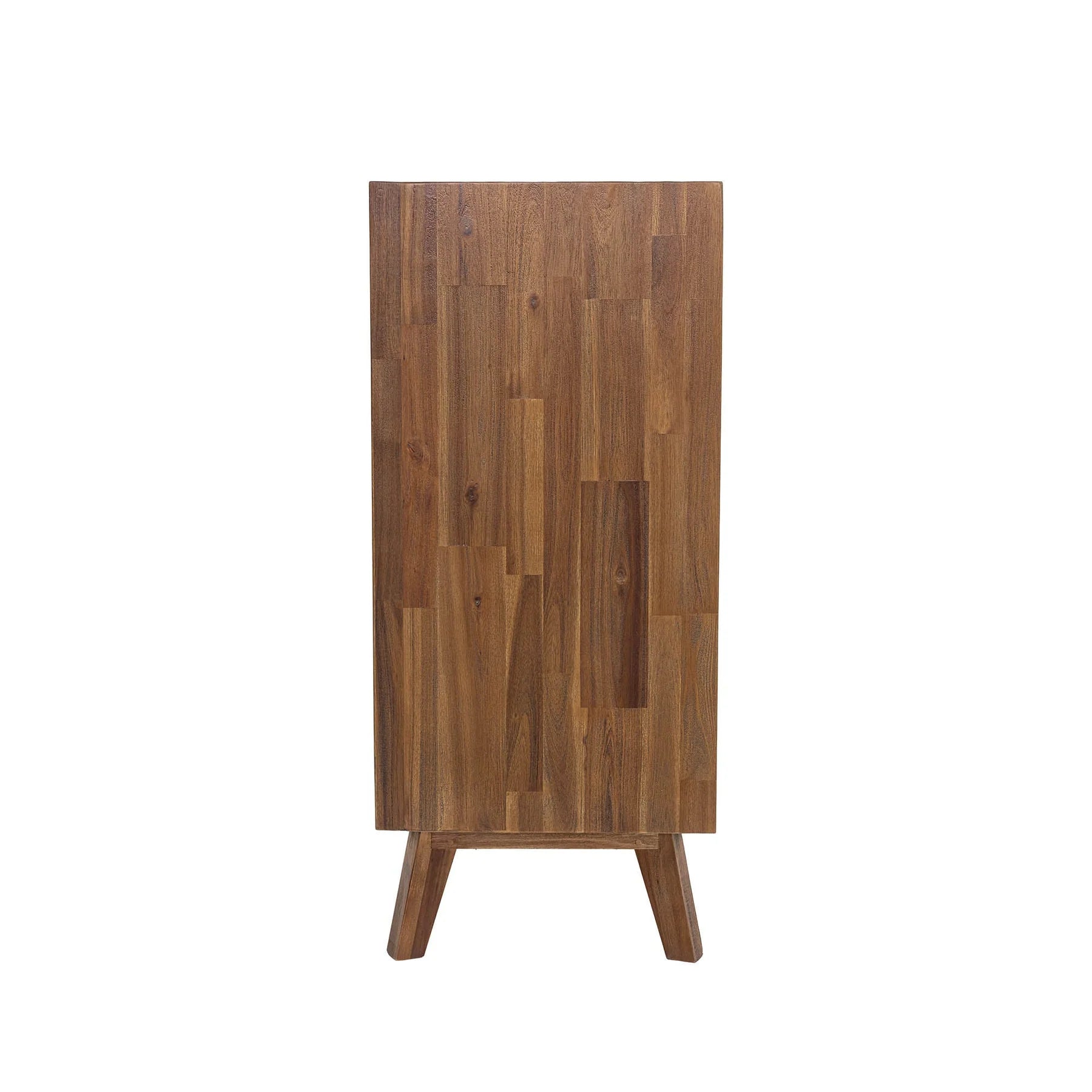 Side profile view showcasing the clean-lined vertical frame and the consistent warm wood grain wrap