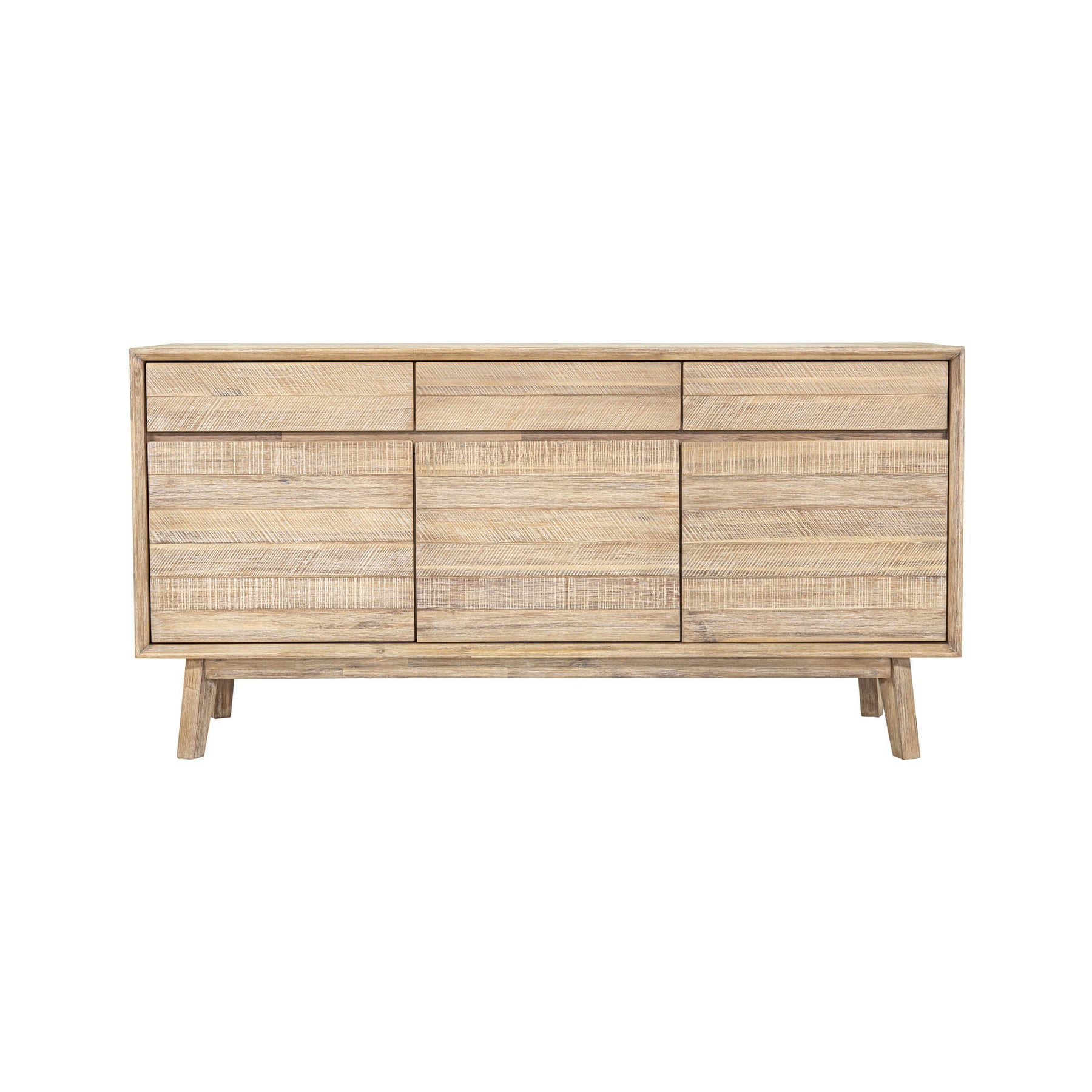 Front perspective view of the Gia sideboard featuring natural wood construction with horizontal textured paneling and three top drawers