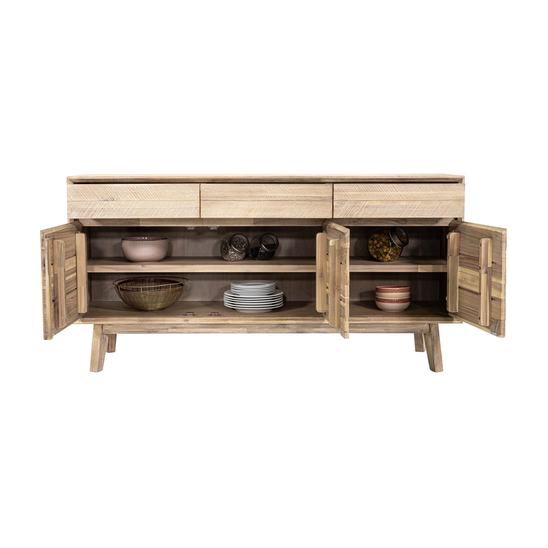 Front perspective view of the Gia sideboard featuring natural wood construction with horizontal textured paneling and three top drawers