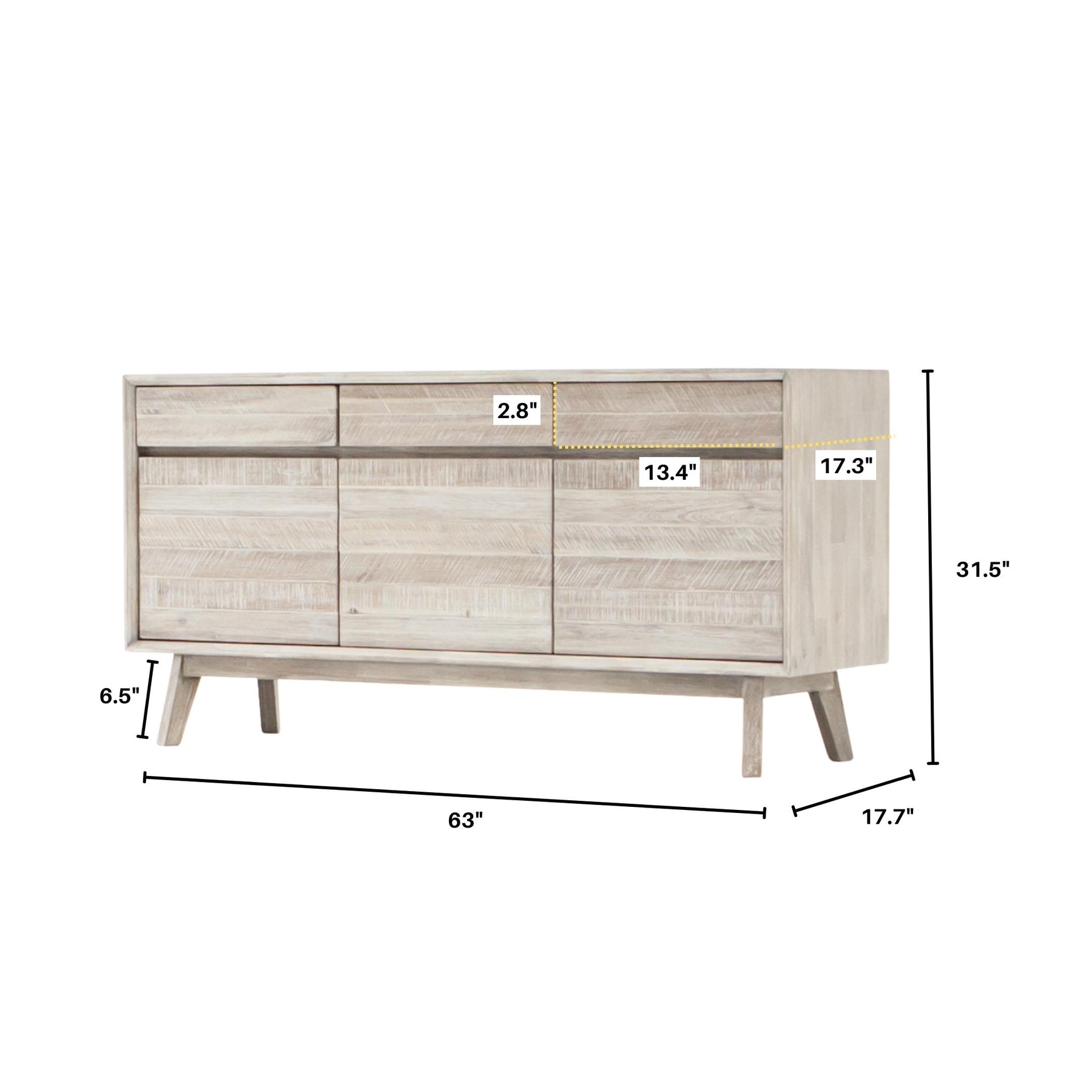 Front perspective view of the Gia sideboard featuring natural wood construction with horizontal textured paneling and three top drawers