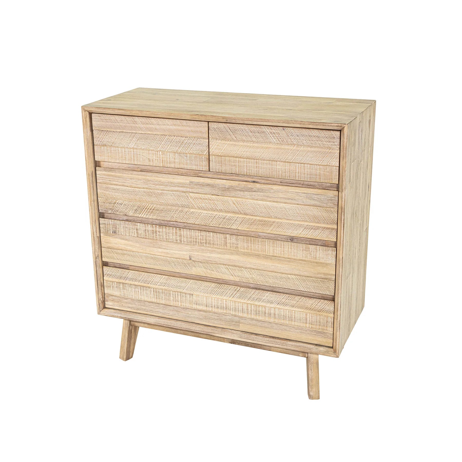 Front view of the Gia 5-drawer vertical chest featuring a light natural wood finish with horizontal planked detailing and handle-free drawers