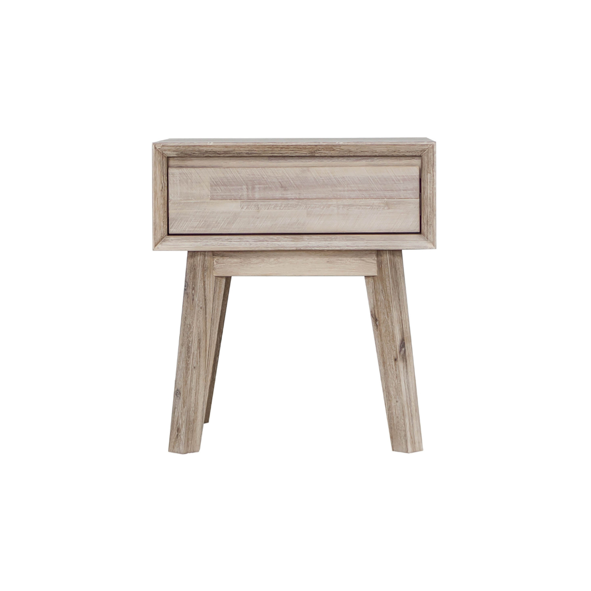 Front view of the Gia 1-drawer nightstand featuring a weathered light oak finish and architectural tapered solid wood legs