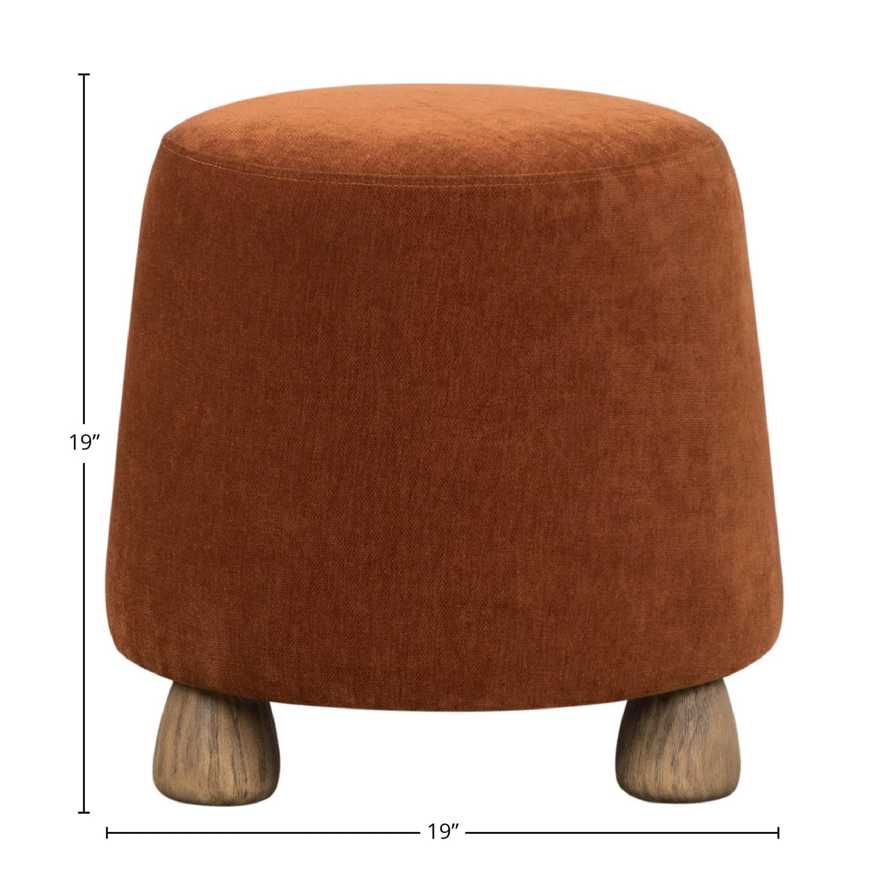 Front view of the Giselle round ottoman featuring burnt orange textured upholstery and four tapered light wood feet