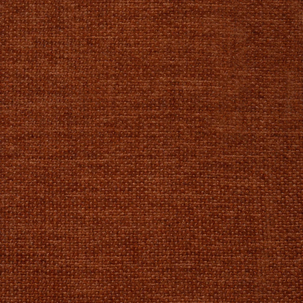 Front view of the Giselle round ottoman featuring burnt orange textured upholstery and four tapered light wood feet