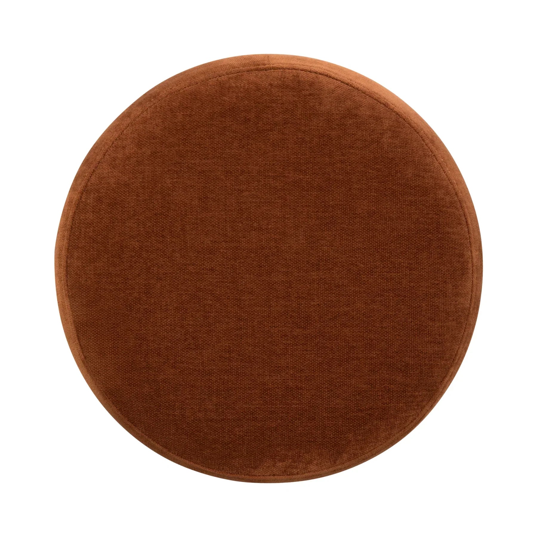 Front view of the Giselle round ottoman featuring burnt orange textured upholstery and four tapered light wood feet