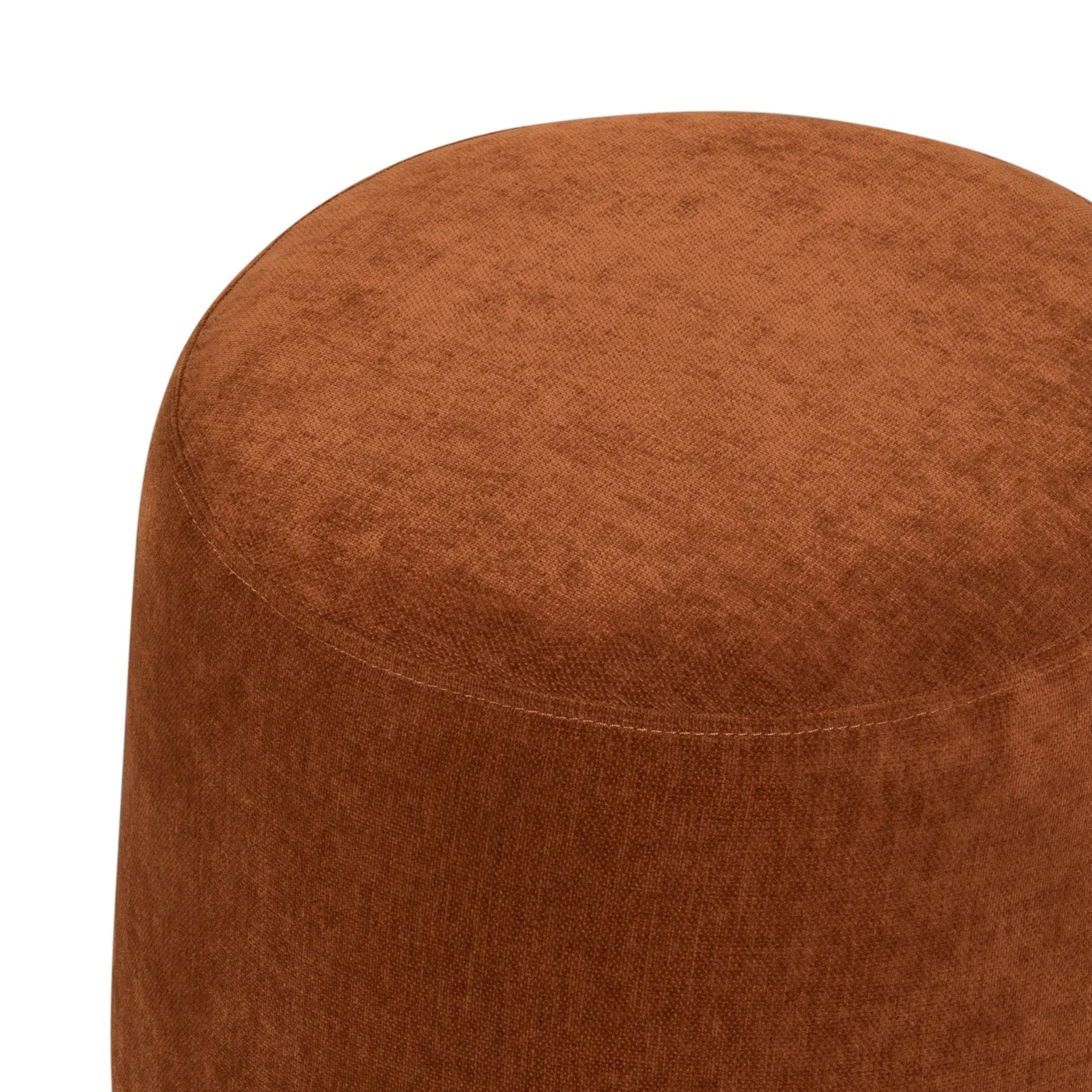 Front view of the Giselle round ottoman featuring burnt orange textured upholstery and four tapered light wood feet
