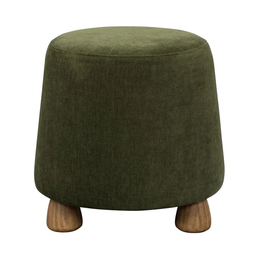 Front view of the Giselle ottoman in olive green velvet upholstery featuring the signature tapered wood legs