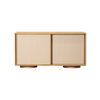 Front view of the Glee sideboard featuring light oak wood construction and two large sliding tambour doors with vertical fluted detailing