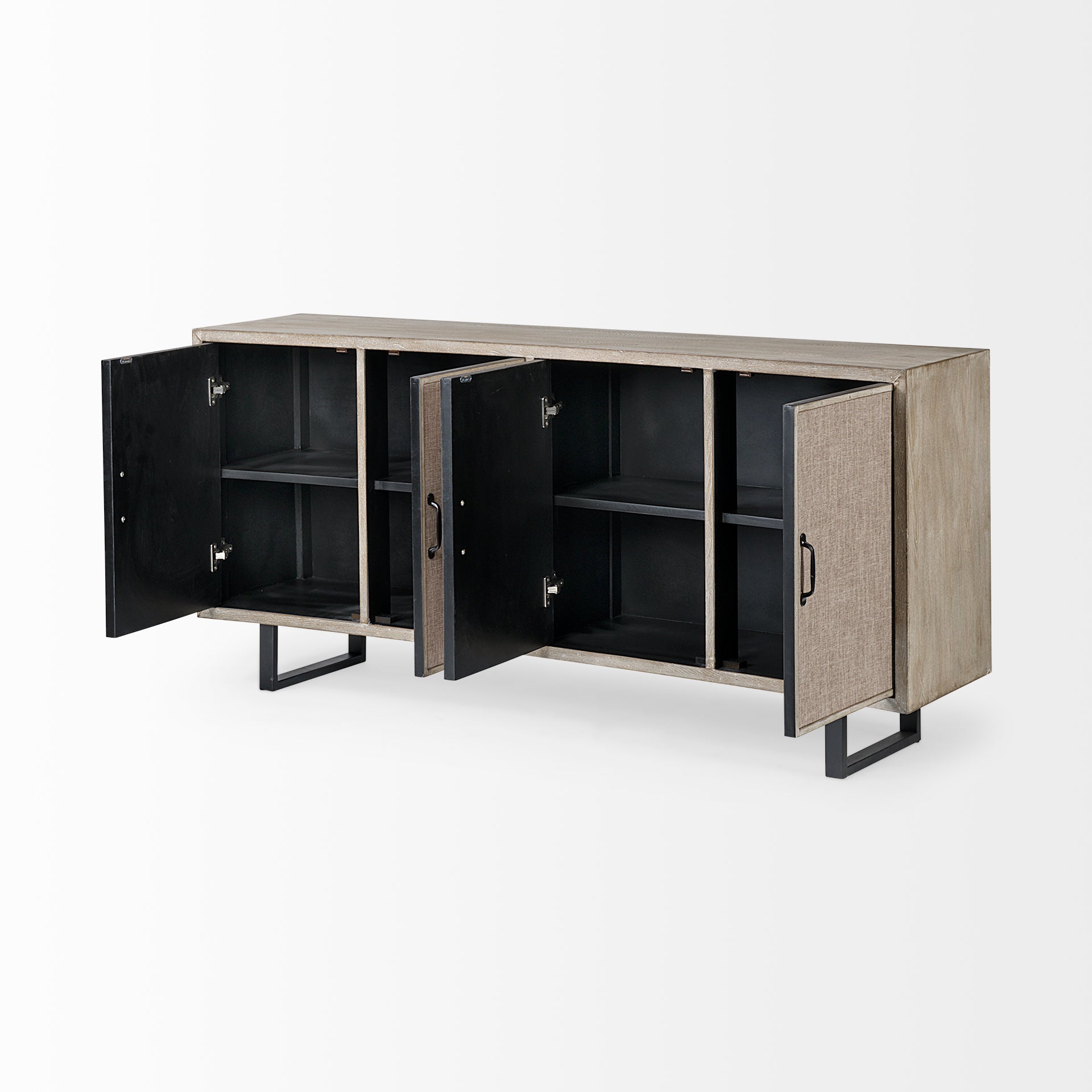 Front view of the Bellefontaine sideboard featuring textured grasscloth door panels and matte black vertical metal handles