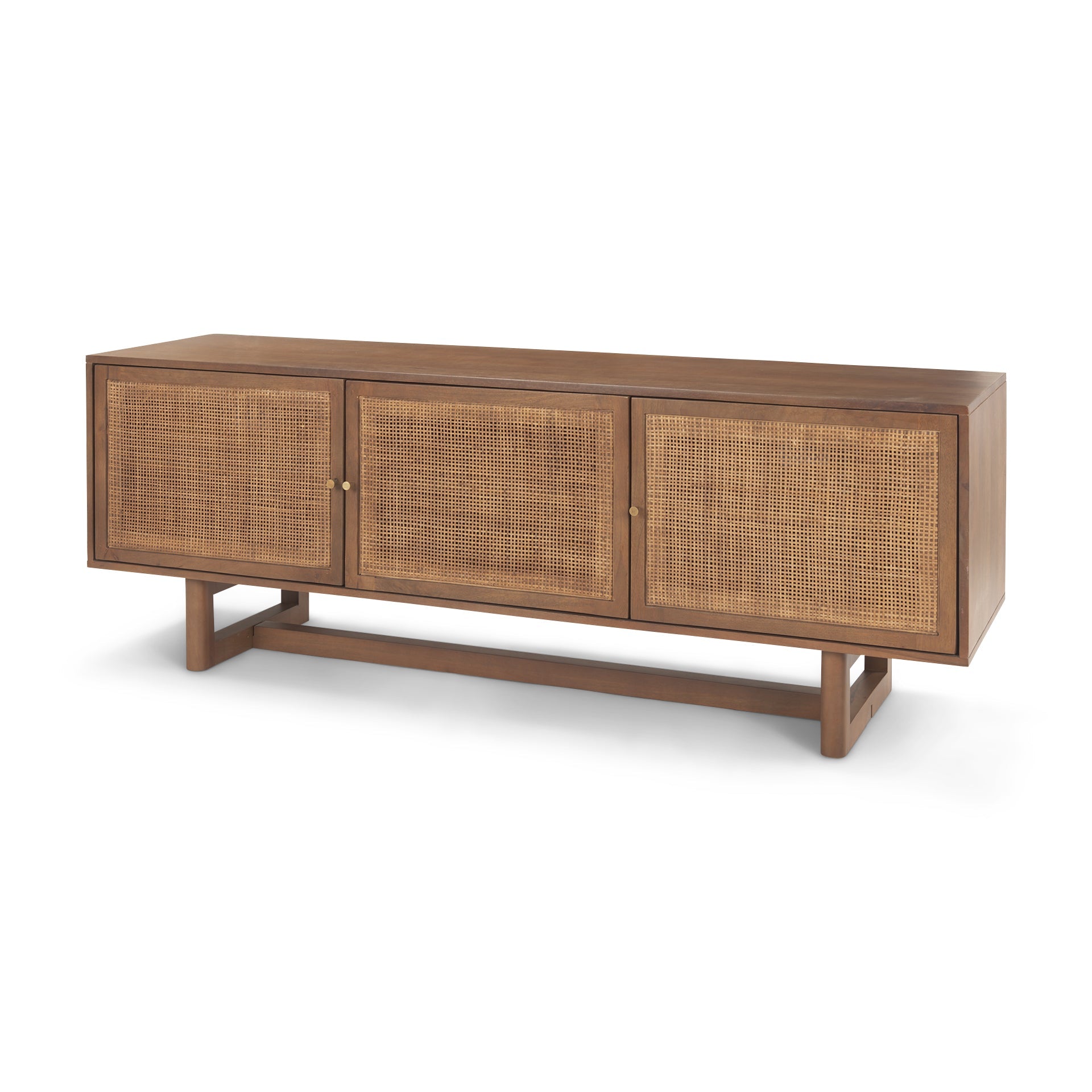 Front view of the Grier media unit in a medium brown wood finish featuring three doors with matching woven cane inserts
