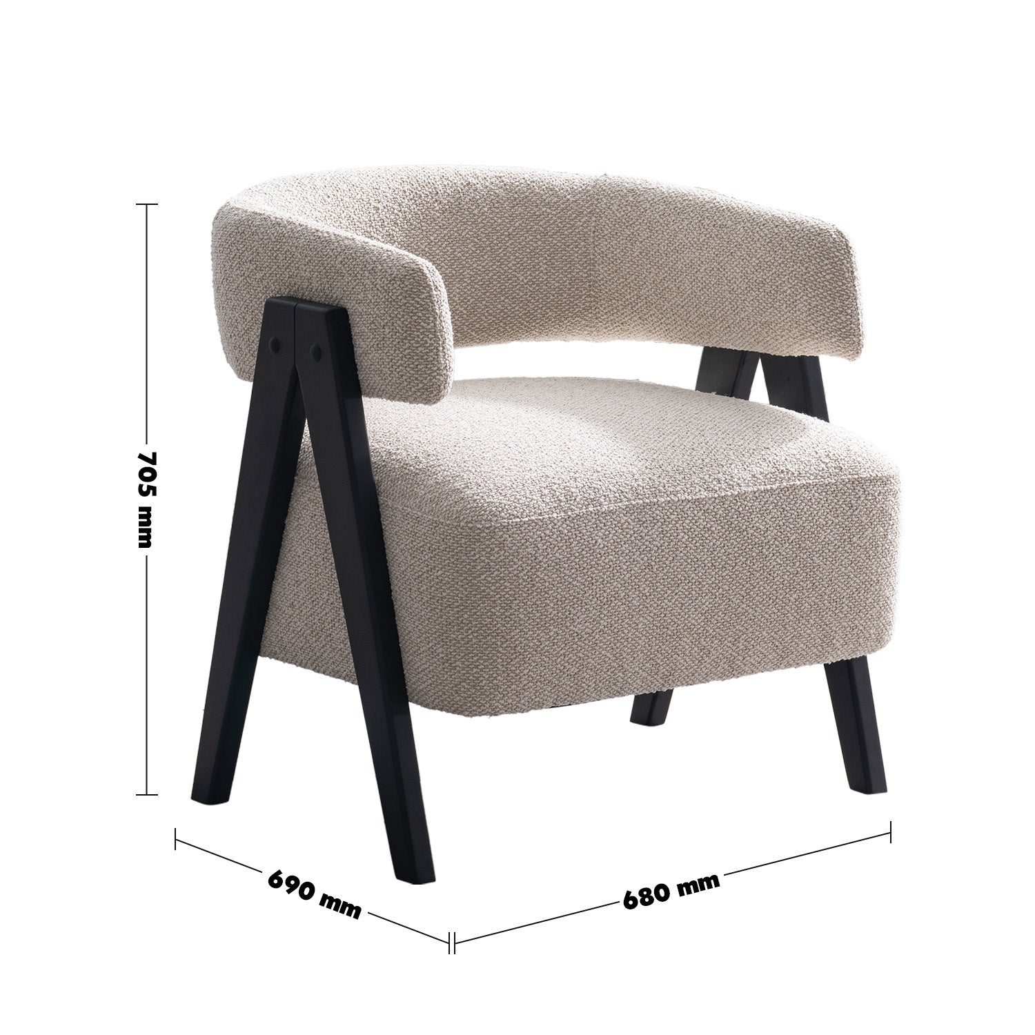 Front view of the Gunnar Accent Chair featuring white bouclé fabric and black A-frame wooden legs.
