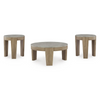 Product overview showing the complete 3-piece Guystone set including one large round coffee table and two matching smaller end tables