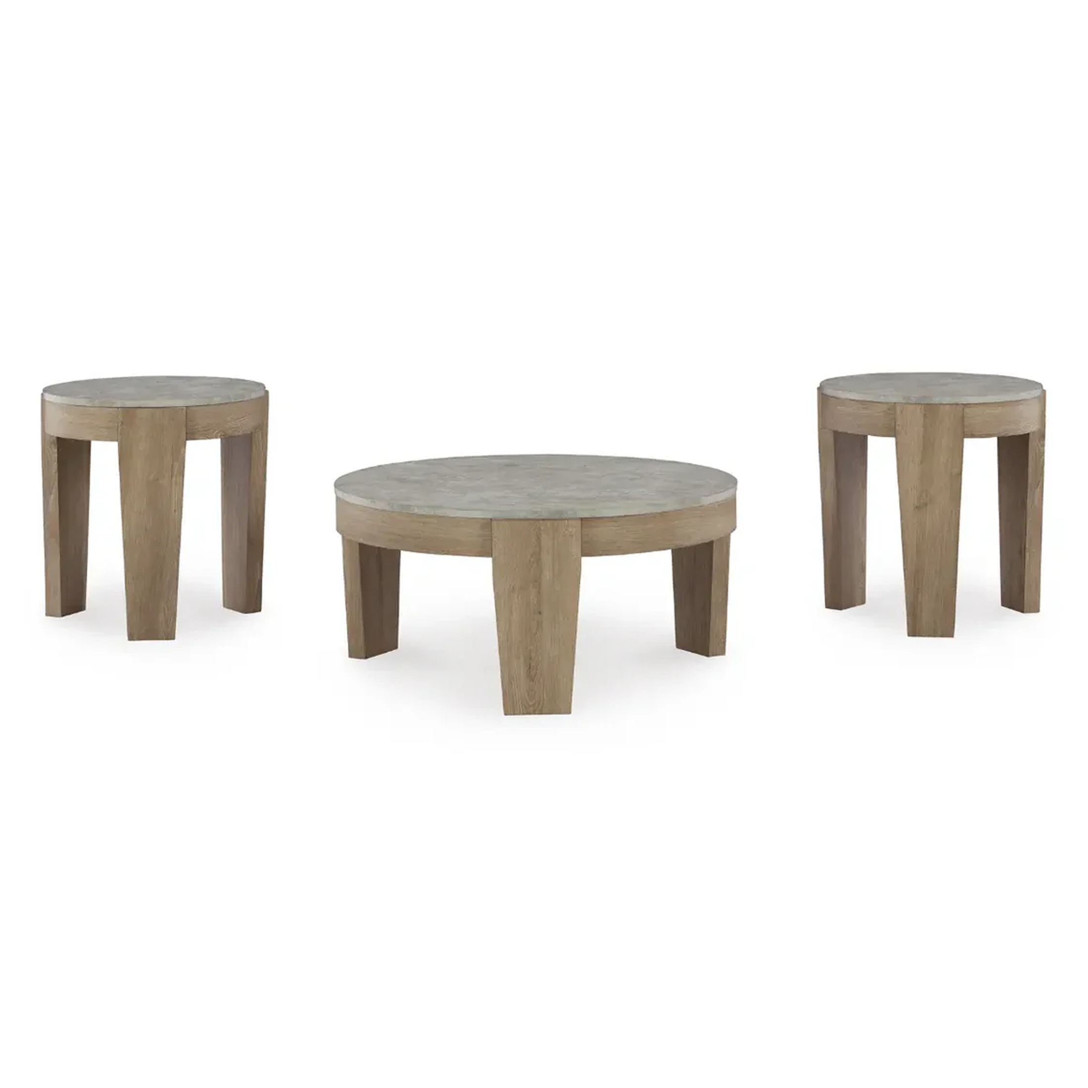 Product overview showing the complete 3-piece Guystone set including one large round coffee table and two matching smaller end tables