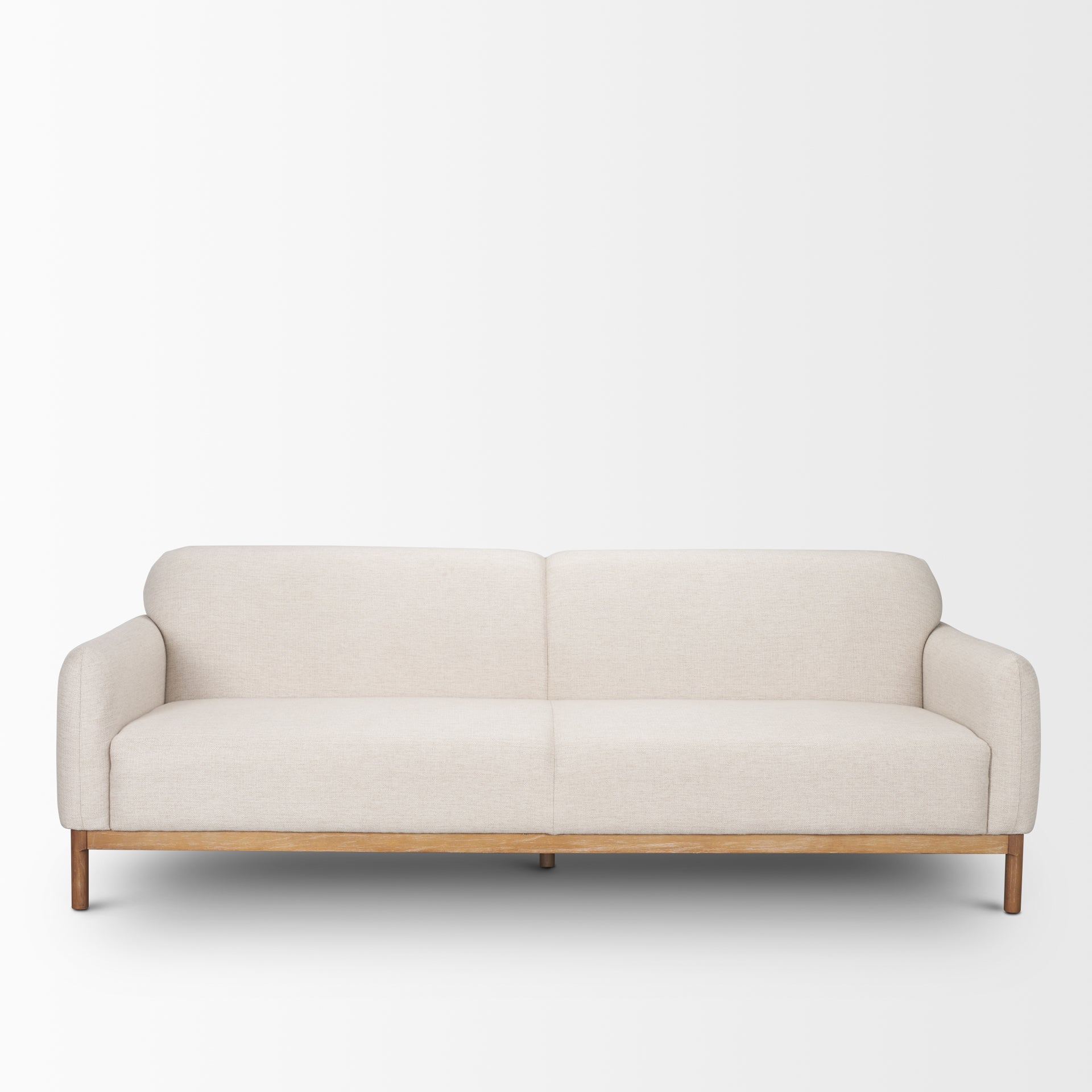 Front view of Hale cream sofa with light wood base