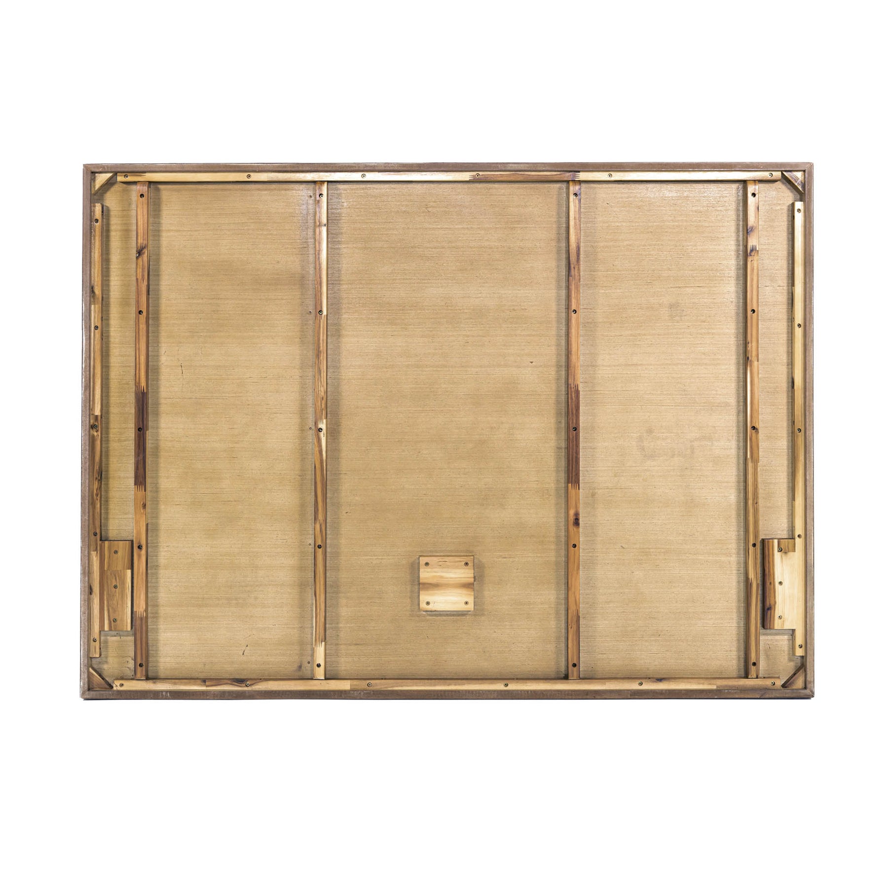 Front view of the Atlantis platform bed featuring a tall headboard with a unique patchwork wood inlay and light driftwood finish