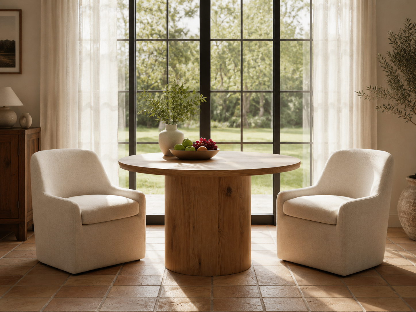 A round wooden end table with a thick cylindrical base and a natural oak finish, shown on a plain white background.