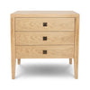 Front view of the Hara 3-drawer dresser featuring a light natural oak finish, minimalist bronze square knobs, and elegant tapered legs