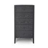 Front view of the Hara 5-drawer vertical chest in a deep black oak finish featuring minimalist square knobs and a clean architectural frame