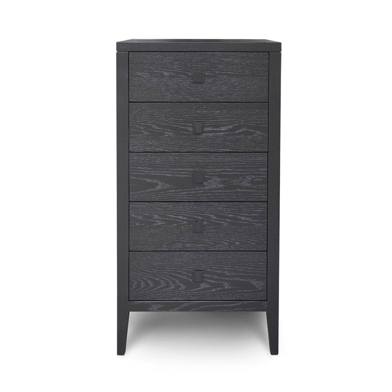 Front view of the Hara 5-drawer vertical chest in a deep black oak finish featuring minimalist square knobs and a clean architectural frame