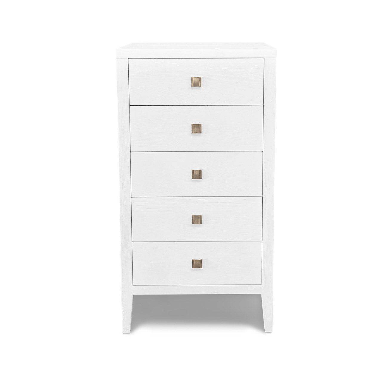 Front view of the Hara 5-drawer vertical dresser in a crisp white finish featuring minimalist gold square knobs and a clean architectural frame