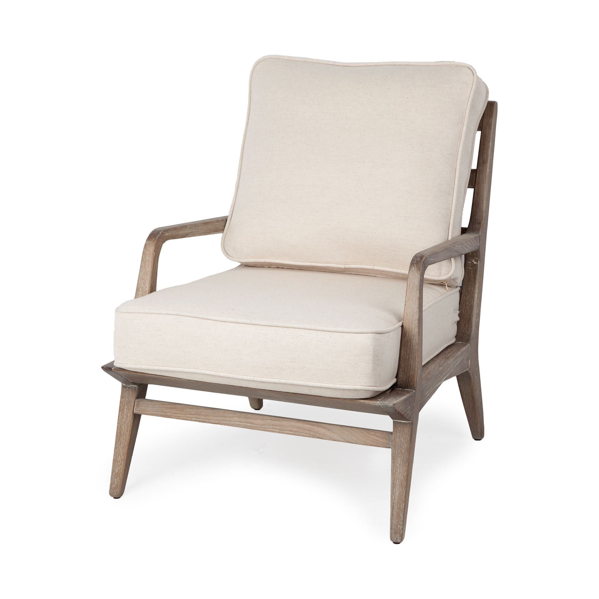 Three-quarter view of the Harman II accent chair featuring off-white fabric cushions and a tapered natural wood frame