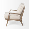 Side profile highlighting the elegant slope of the wooden armrests and the deep-seated cushion design