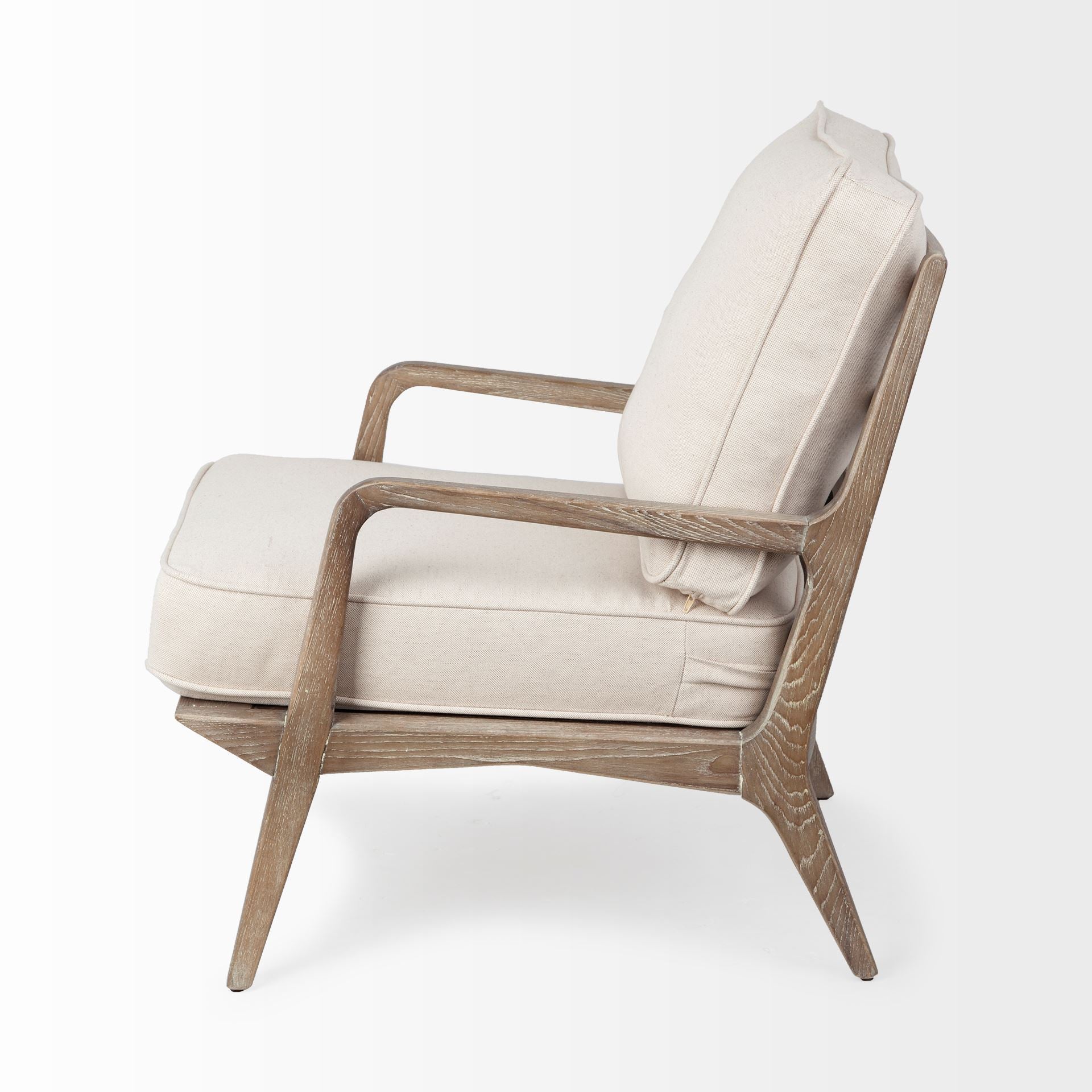 Side profile highlighting the elegant slope of the wooden armrests and the deep-seated cushion design