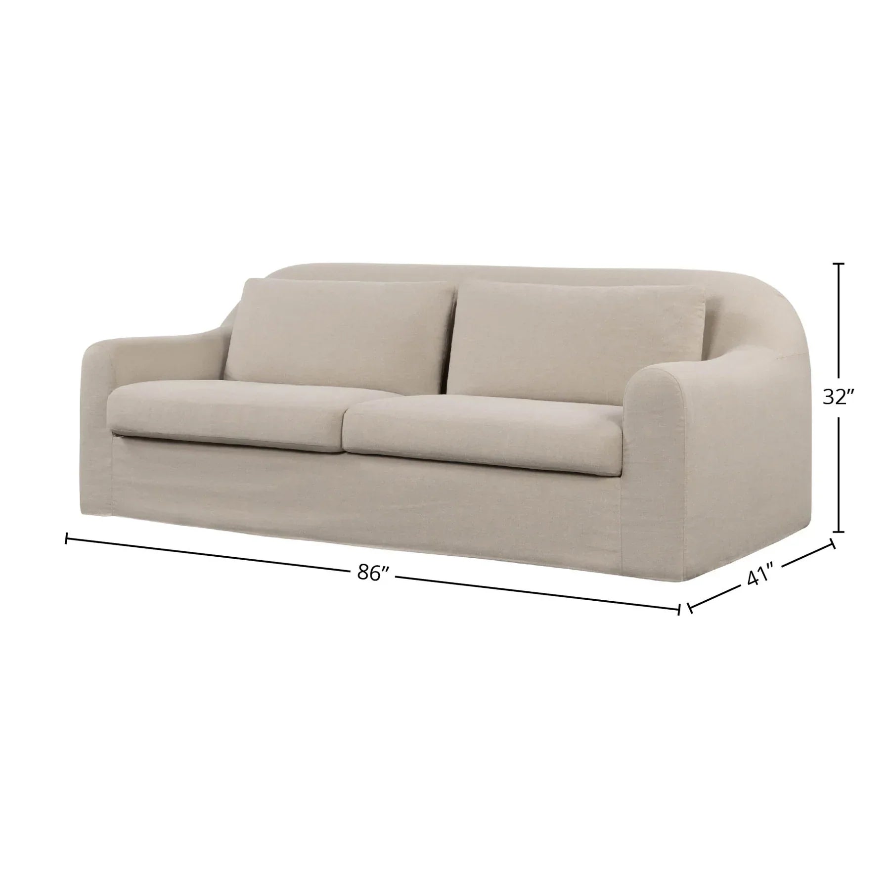 Frontal dimension diagram for beige Harper sofa