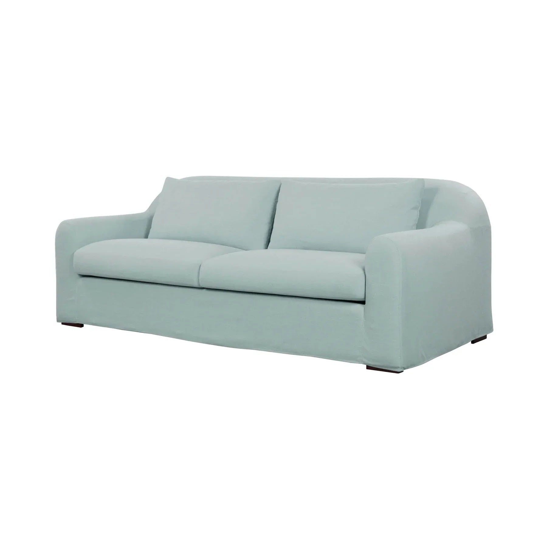 Angled view of the light blue Harper slipcover sofa