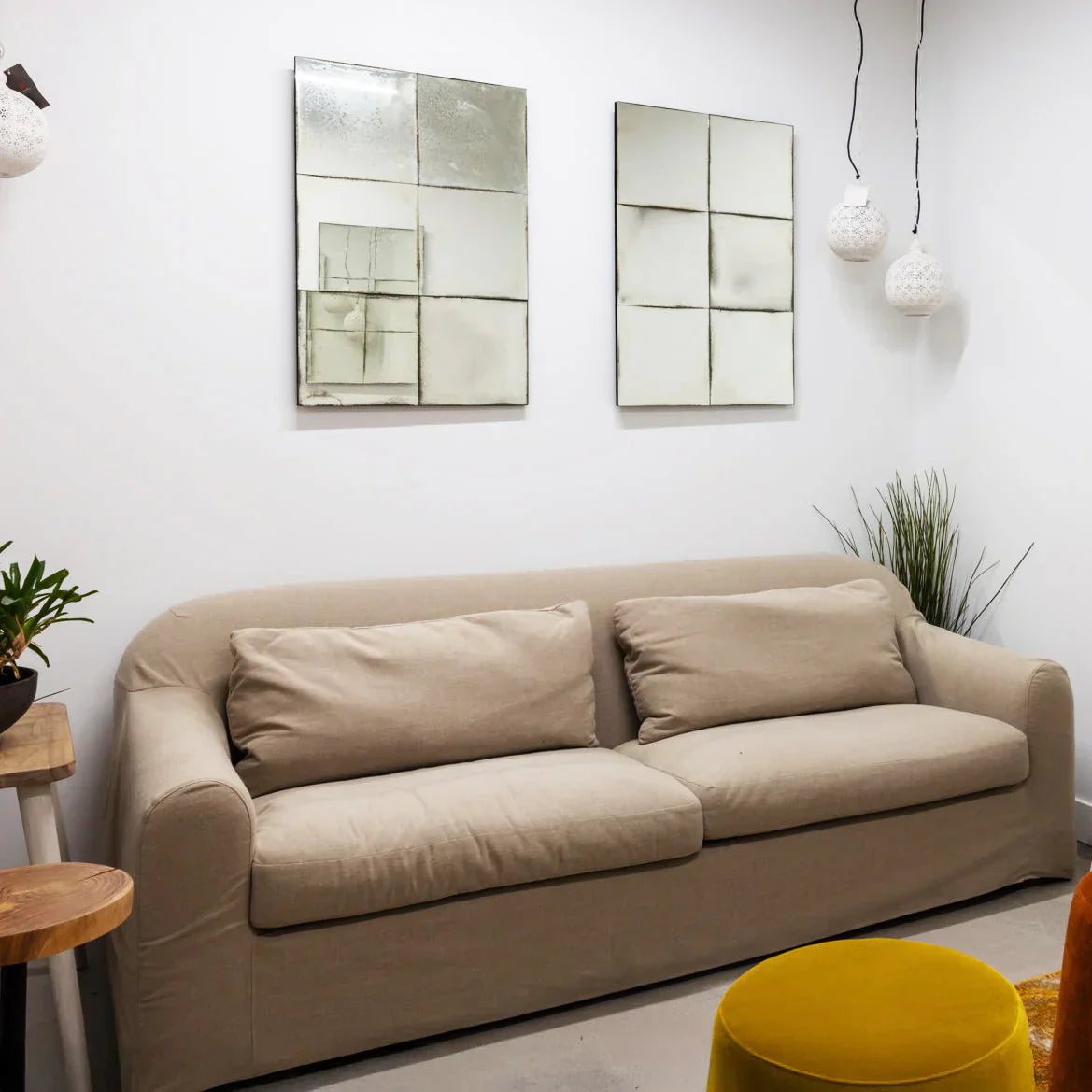 Harper beige sofa styled in a modern office interior