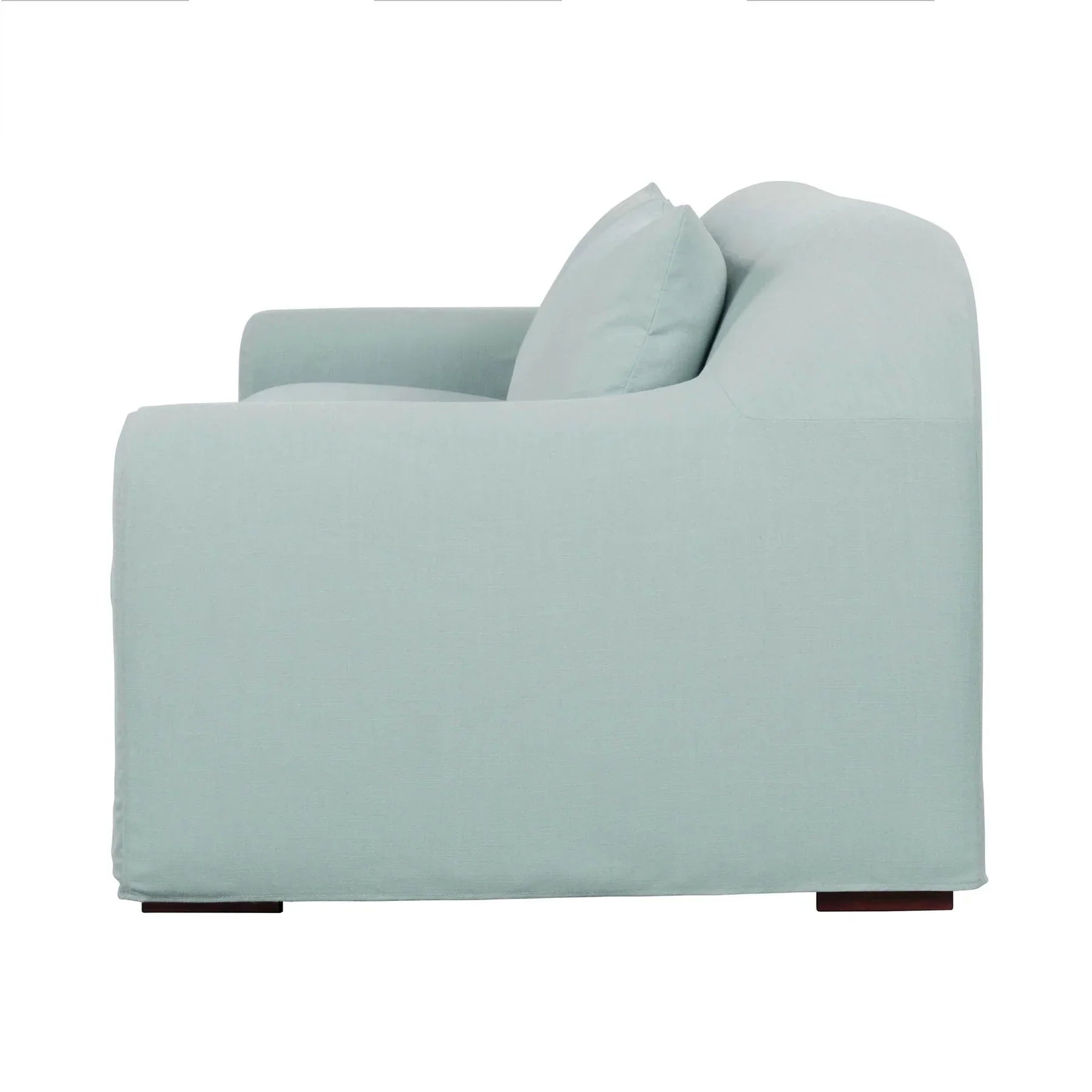 Side view profile of Harper light blue fabric sofa
