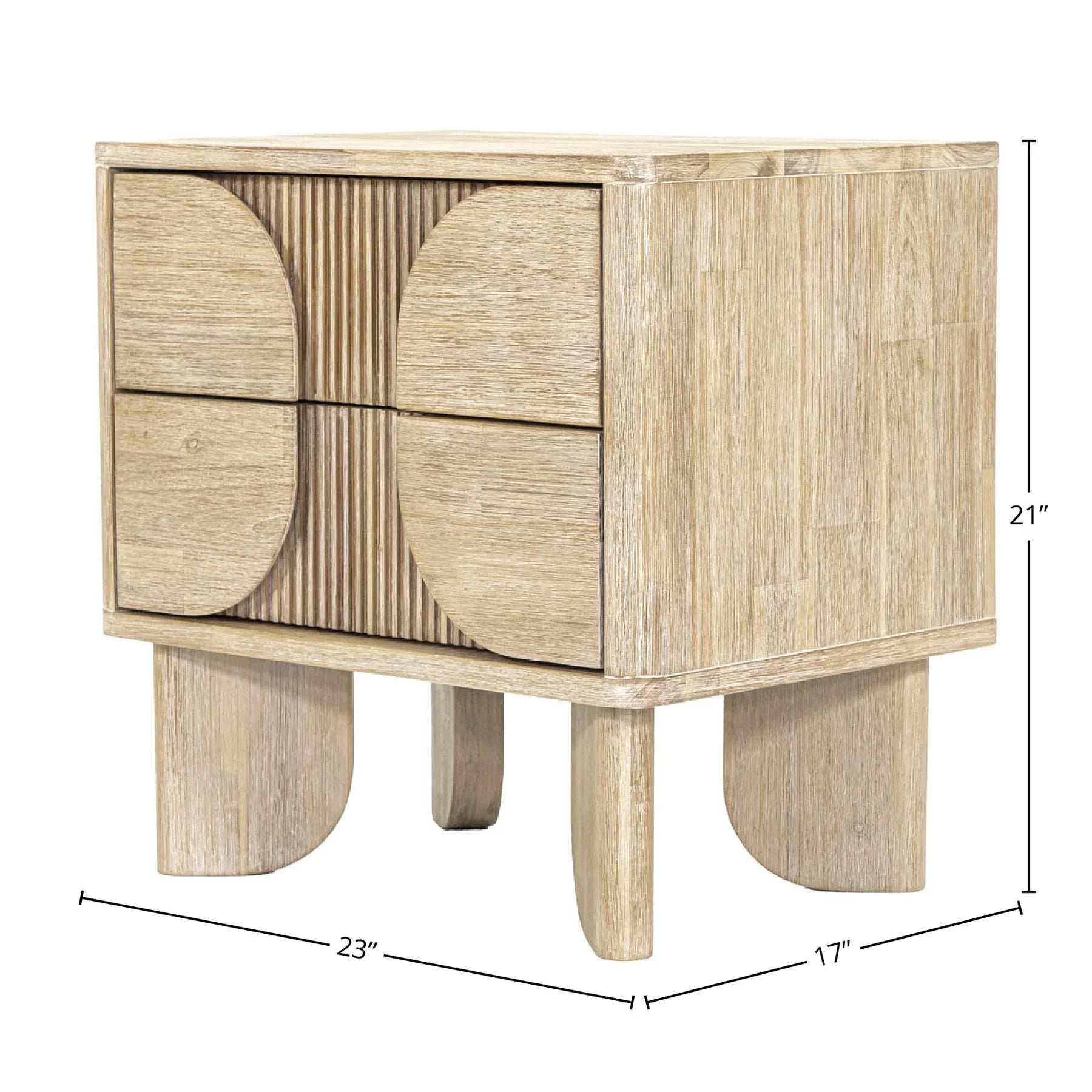 Front view of the Haru 2-drawer nightstand featuring a light driftwood finish and unique architectural slatted wood detailing