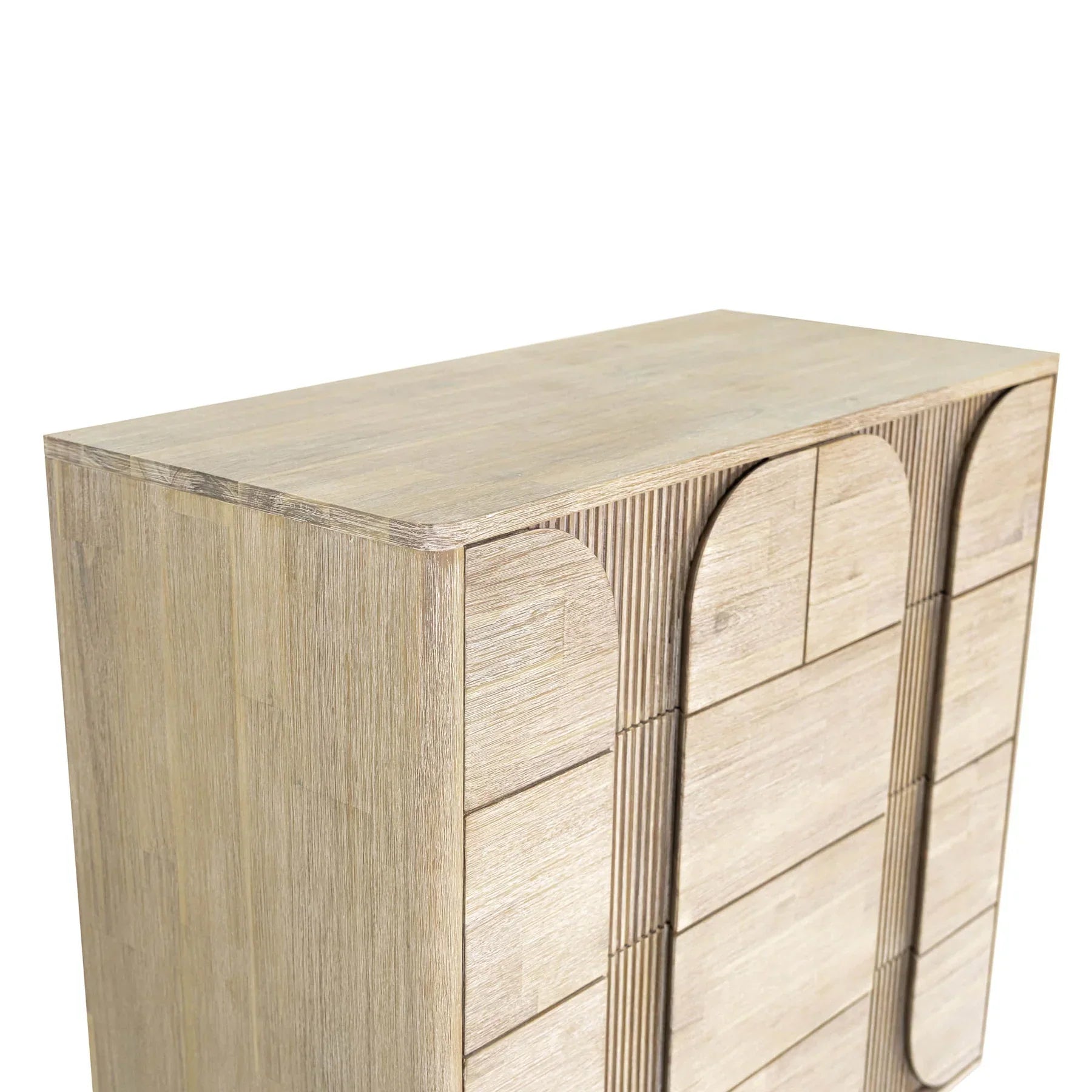 Front view of the Haru 5-drawer vertical chest featuring a light white oak finish and unique fluted facade with soft rounded paneling