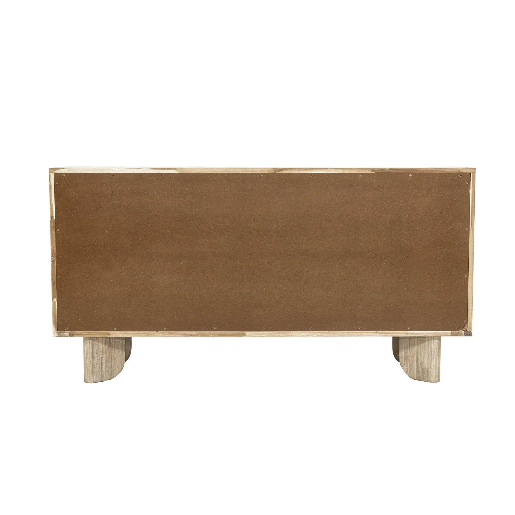 Front view of the Haru double dresser featuring a light white oak finish and a unique fluted facade with soft rounded paneling